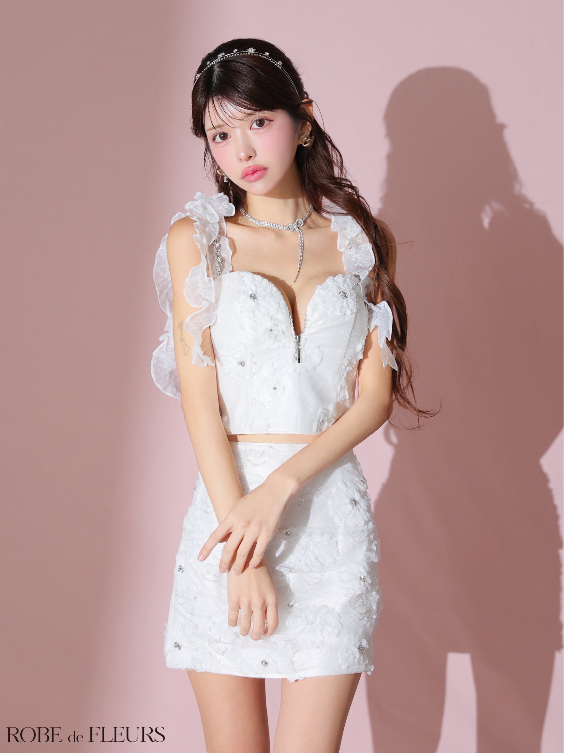 【XSサイズあり】フラワーレースオーガンジーフリルミニキャバドレス(fm3448)