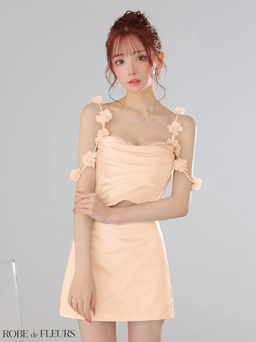 パーツ取り外し可能 フラワーストラップサテンセットアップミニキャバドレス(fm3461)