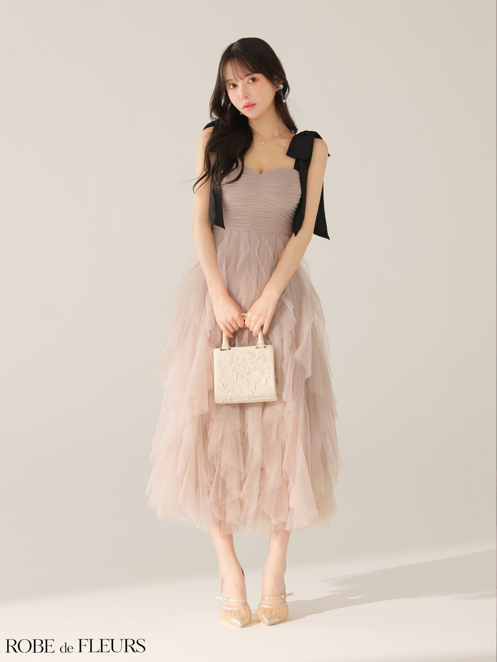 ★一部予約商品★【8月中旬頃入荷予定】【XS～Lサイズあり】ボリュームチュールショルダーリボンフレアロングドレス(fm3463)