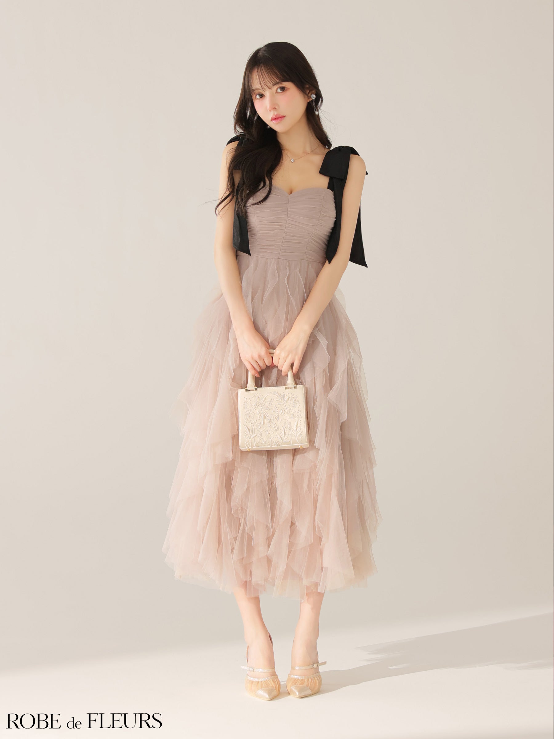 ★一部予約商品★【8月中旬頃入荷予定】【XS～Lサイズあり】ボリュームチュールショルダーリボンフレアロングドレス(fm3463)