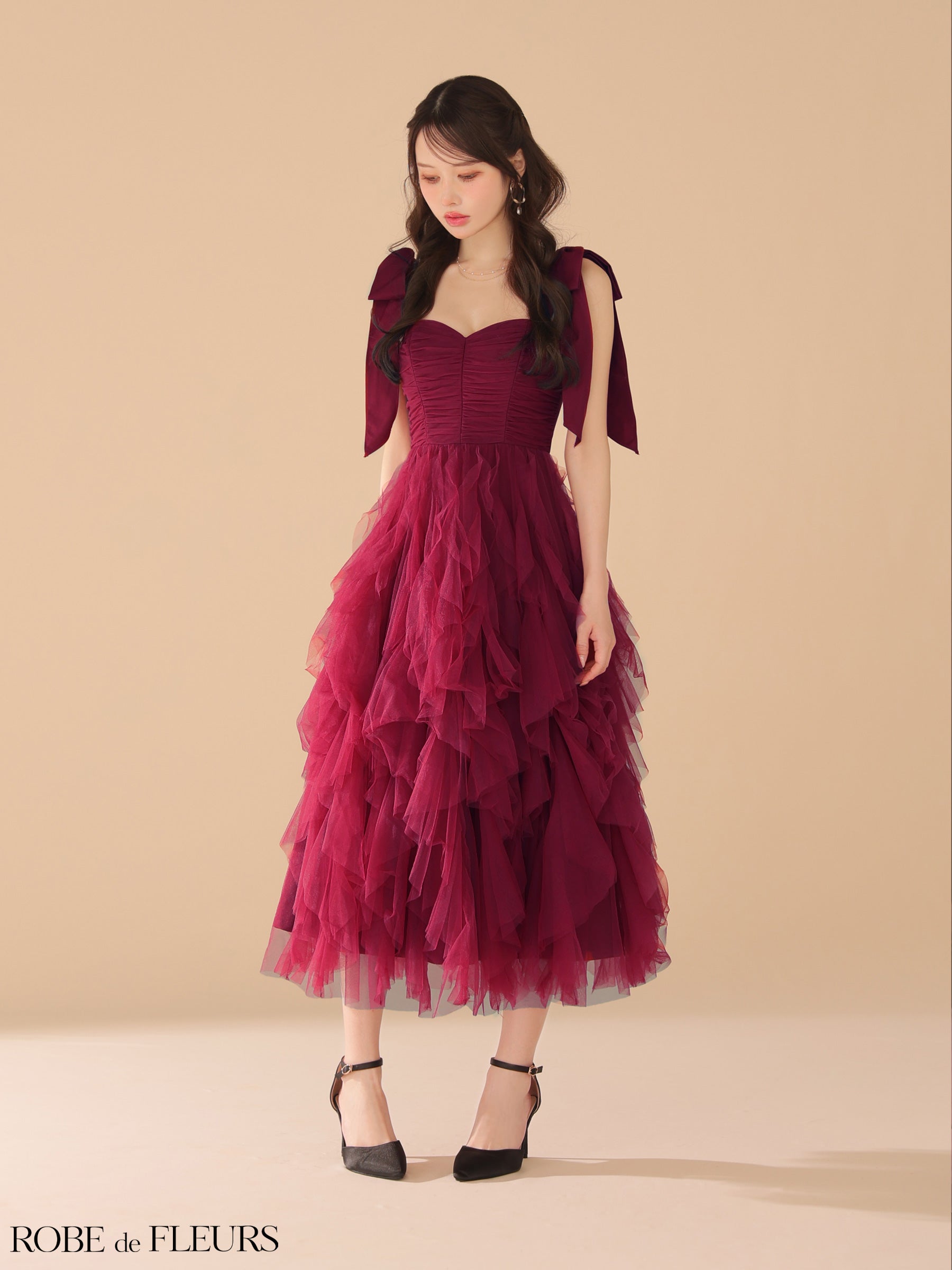 ★一部予約商品★【8月中旬頃入荷予定】【XS～Lサイズあり】ボリュームチュールショルダーリボンフレアロングドレス(fm3463)