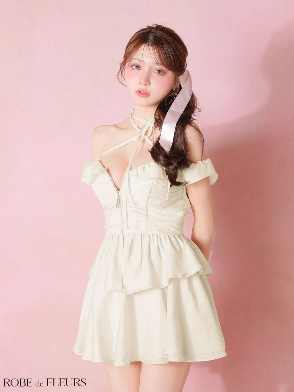 フリルオフショルリボンミニセットアップキャバドレス (fm3484)