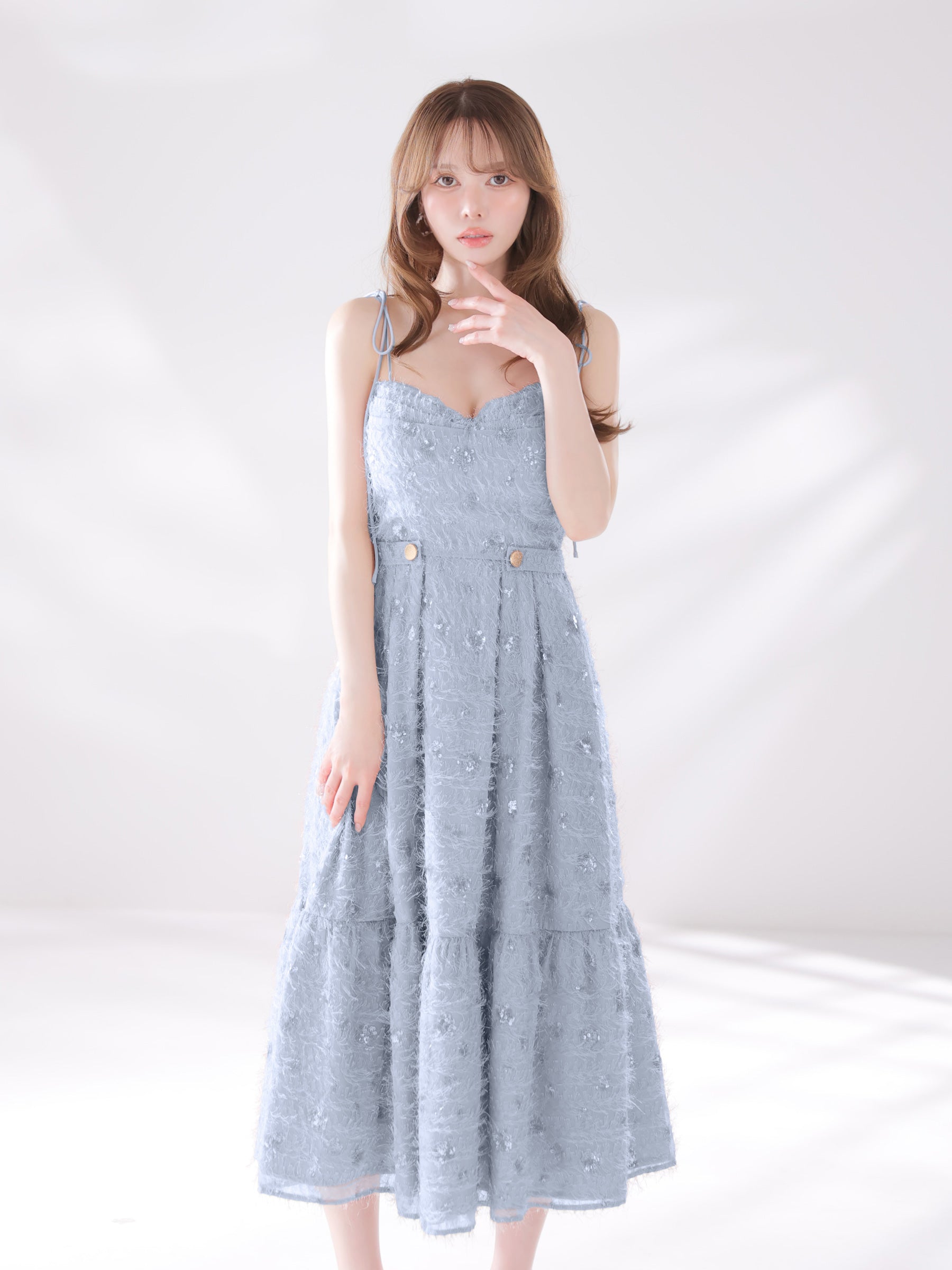 ★一部予約商品★【7月下旬頃入荷予定】【新色追加】【XS～Lサイズあり】スパンコールチュールフレアロングキャバドレス(DE3485)