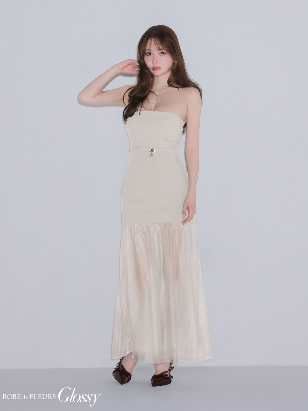★予約商品★【8月中旬頃入荷予定】【XSサイズあり】シアーチュールドッキングセットアップロングキャバドレス (GL3489)
