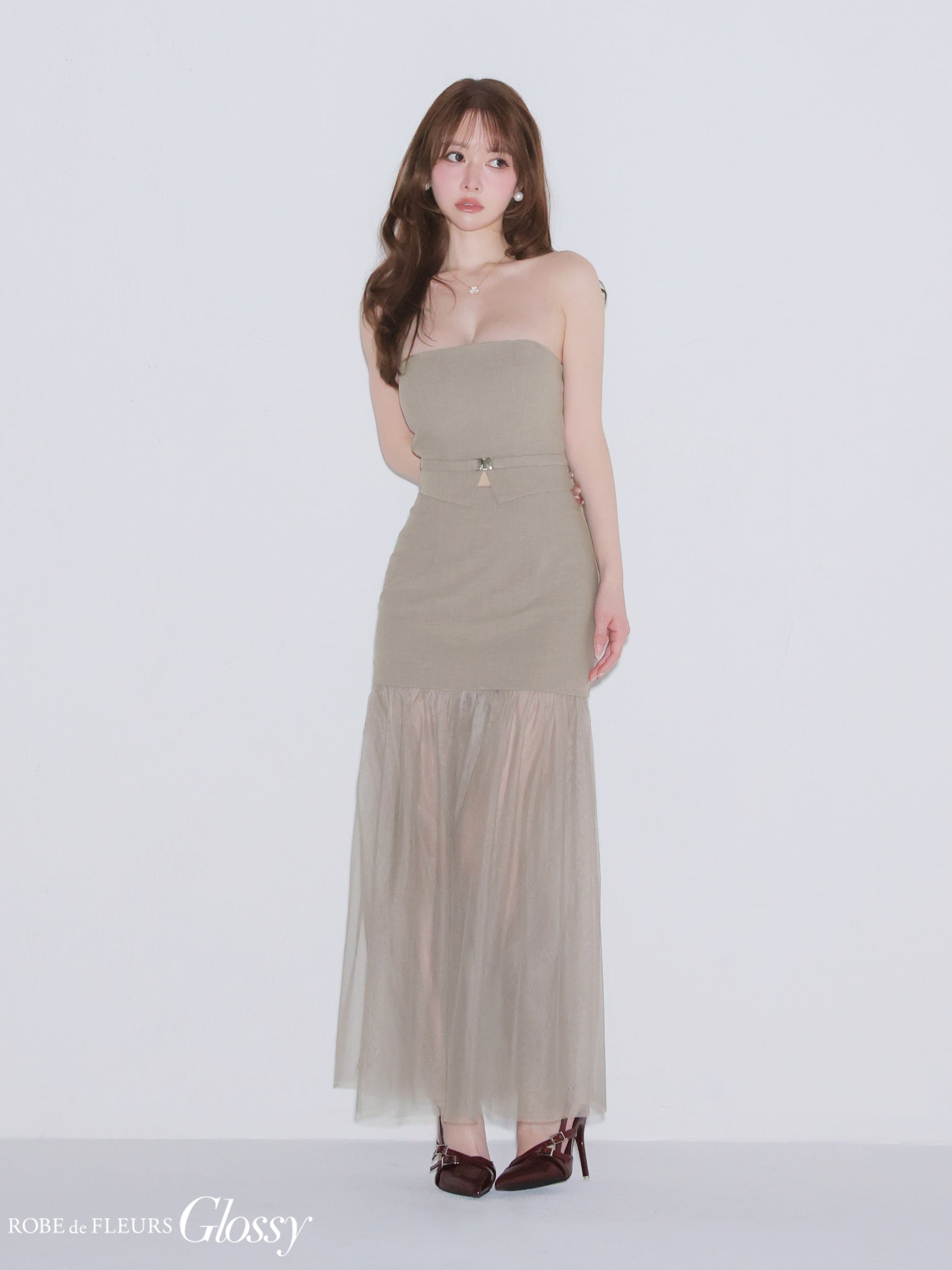 ★予約商品★【8月中旬頃入荷予定】【XSサイズあり】シアーチュールドッキングセットアップロングキャバドレス (GL3489)