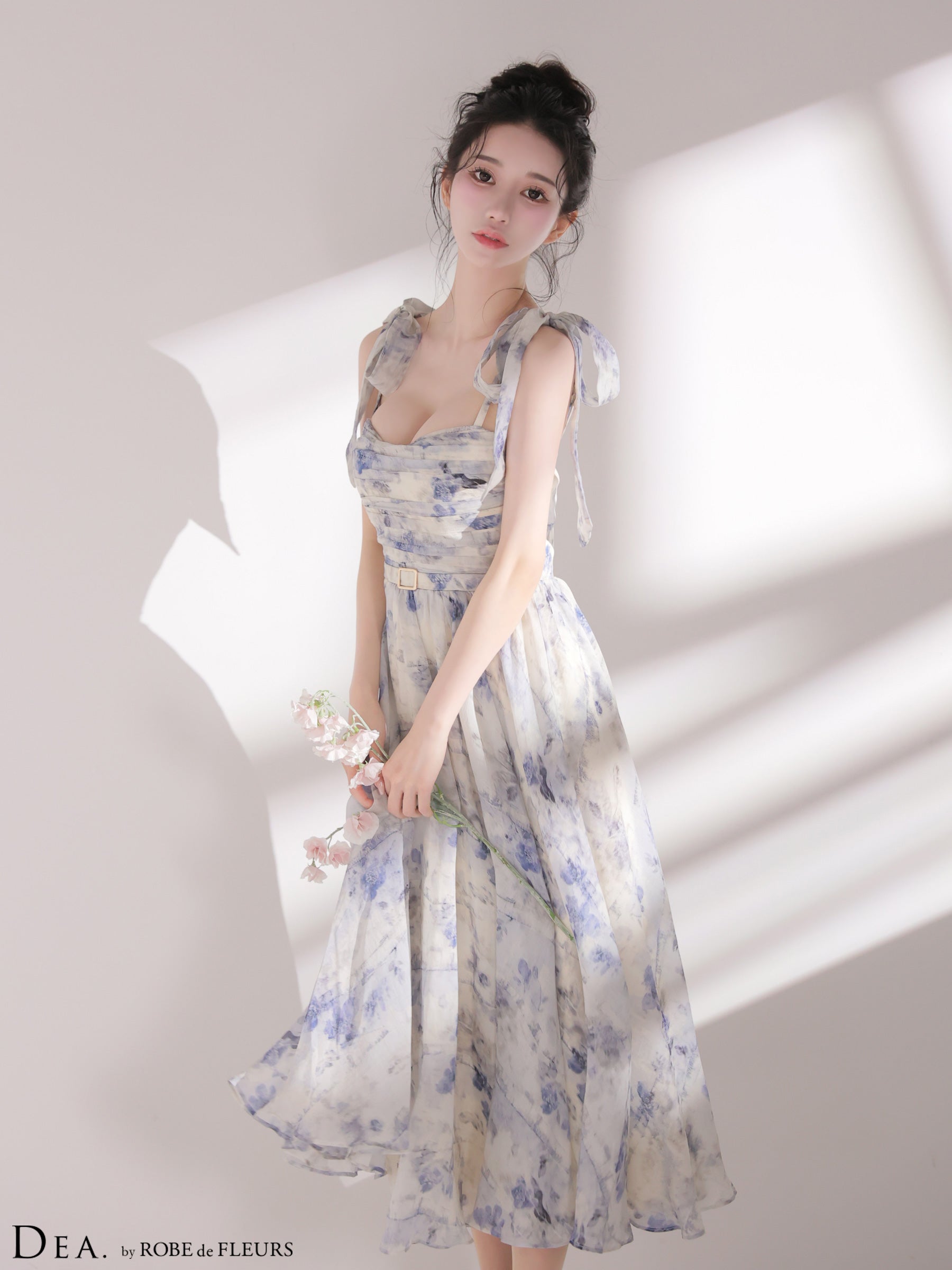【XSサイズあり】ブラーフローラルギャザーリボンロングキャバドレス (DE3499)