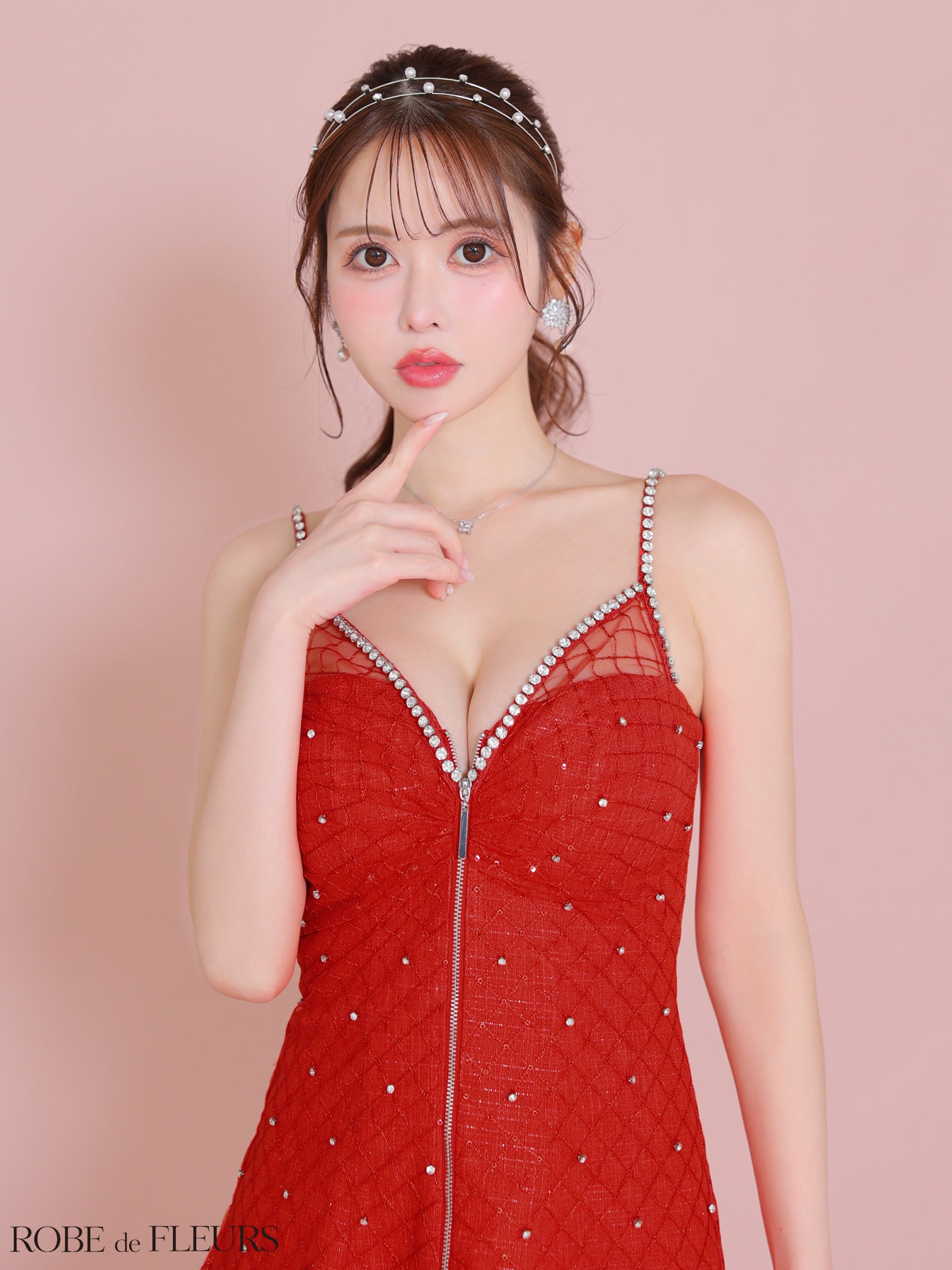 【XSサイズあり】ショルダービジューフロントジッパーフレアミニキャバドレス(fm3514)