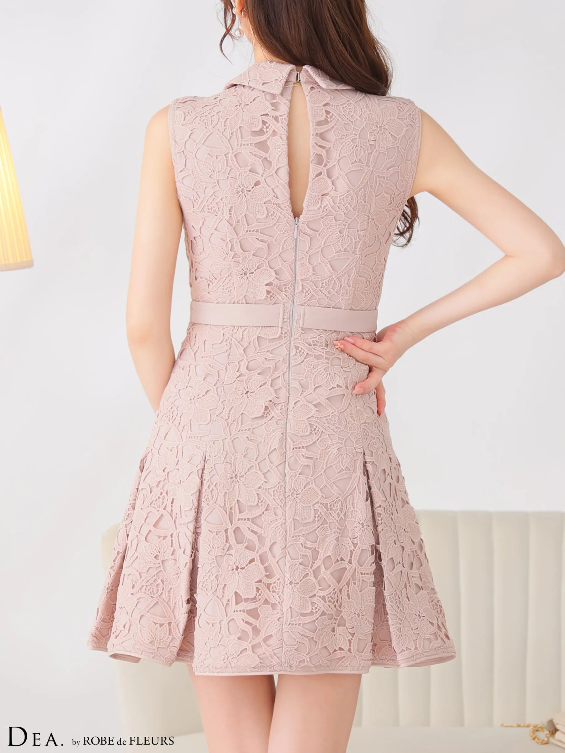 ナチュラルレースバストジップベルトプリーツミニキャバドレス(DE3546)