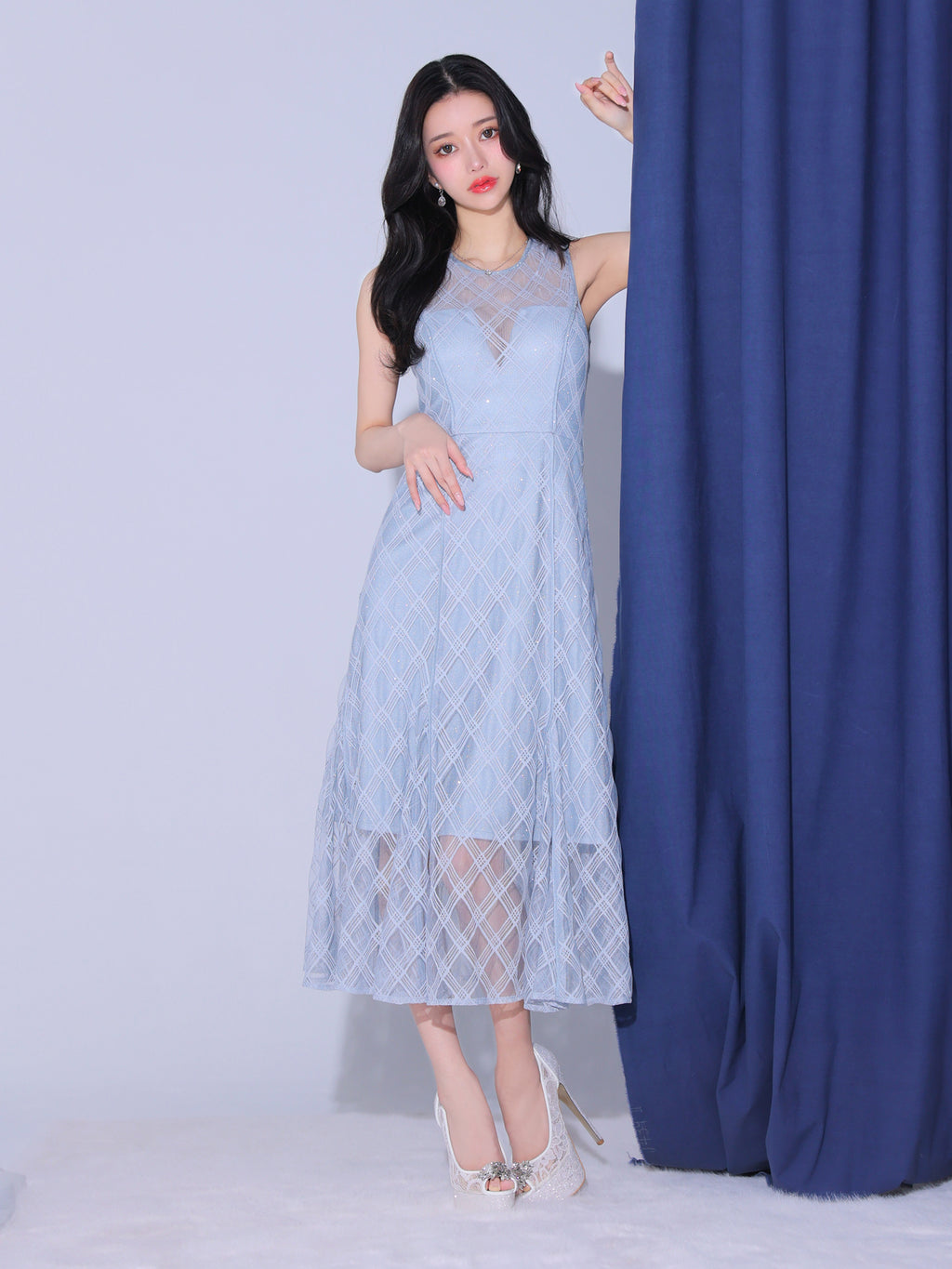 【Lサイズあり】ノースリーブ×シースルーチェックレデイサマーキャバドレス(DE3553)