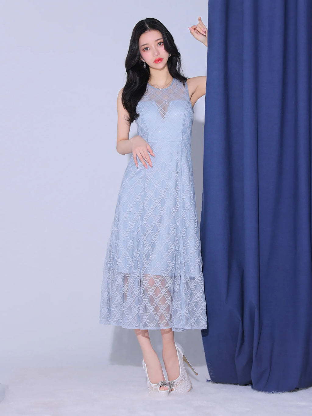 ノースリーブ×シースルーチェックレデイサマーキャバドレス(DE3553)