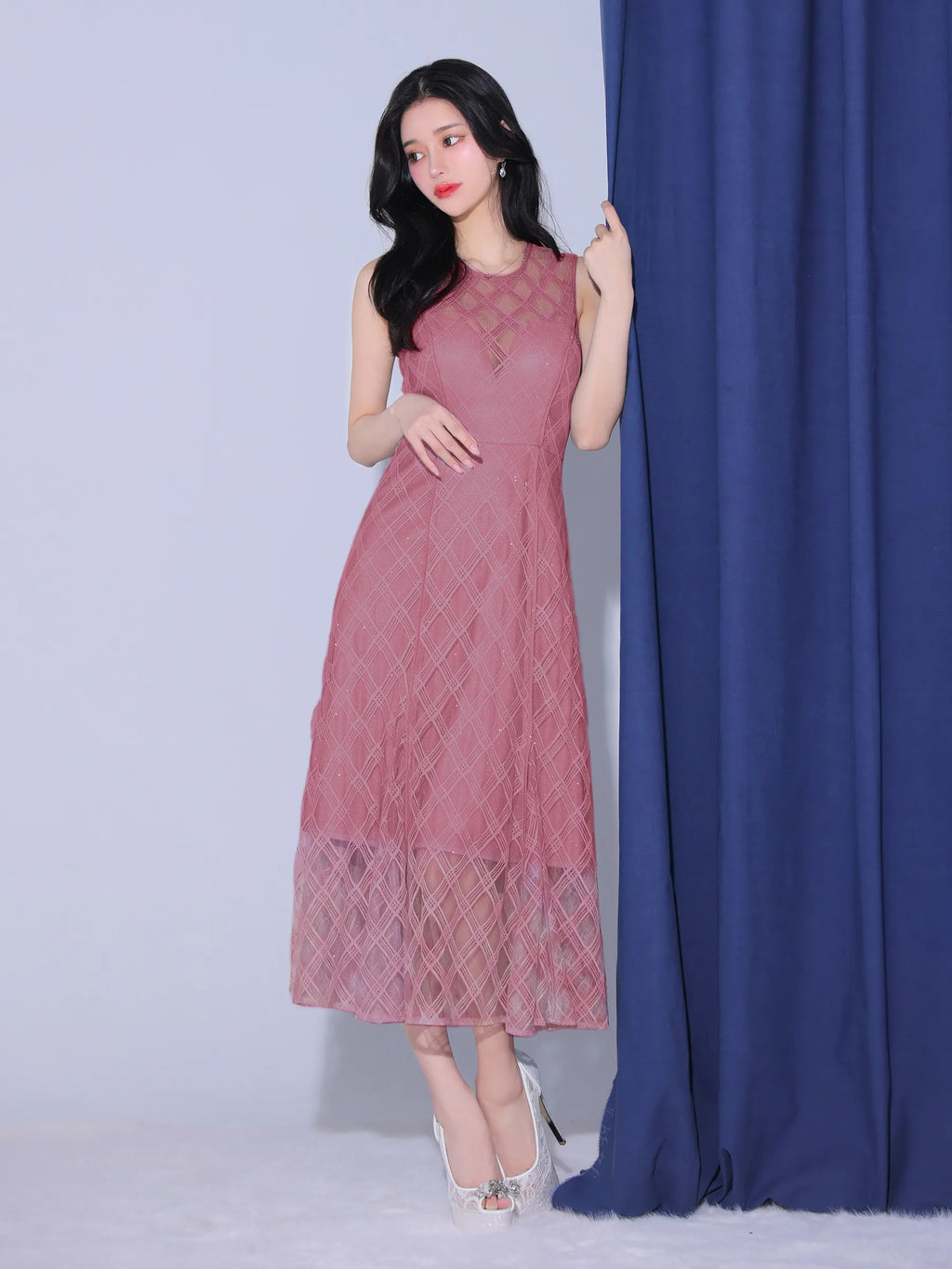 ノースリーブ×シースルーチェックレデイサマーキャバドレス(DE3553)