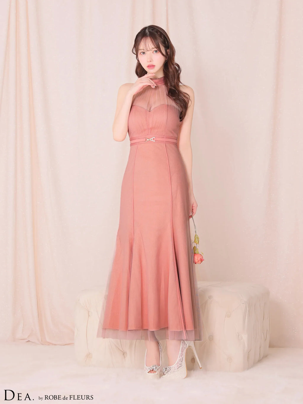 シースルーホルターネックチュールロングキャバドレス(DE3567)