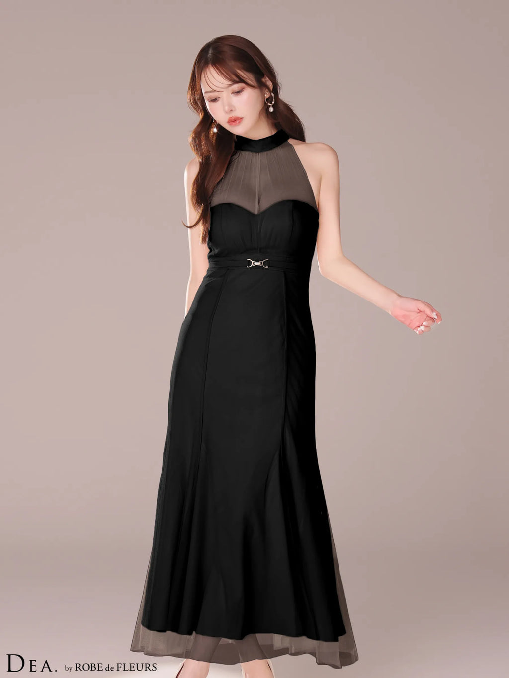 シースルーホルターネックチュールロングキャバドレス(DE3567)