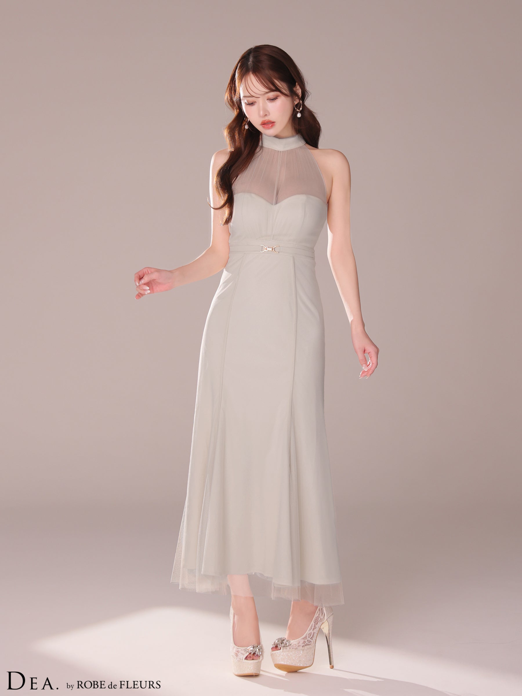 【XS～Lサイズあり】シースルーホルターネックチュールロングキャバドレス(DE3567)