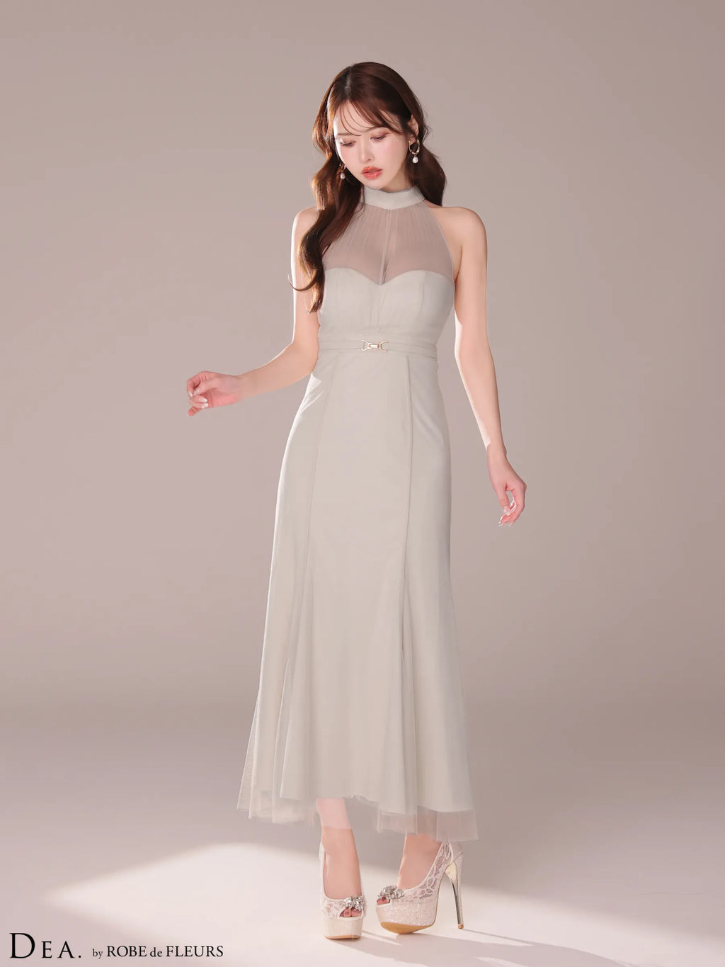 シースルーホルターネックチュールロングキャバドレス(DE3567)