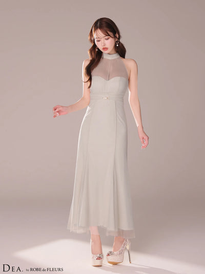 シースルーホルターネックチュールロングキャバドレス(DE3567)