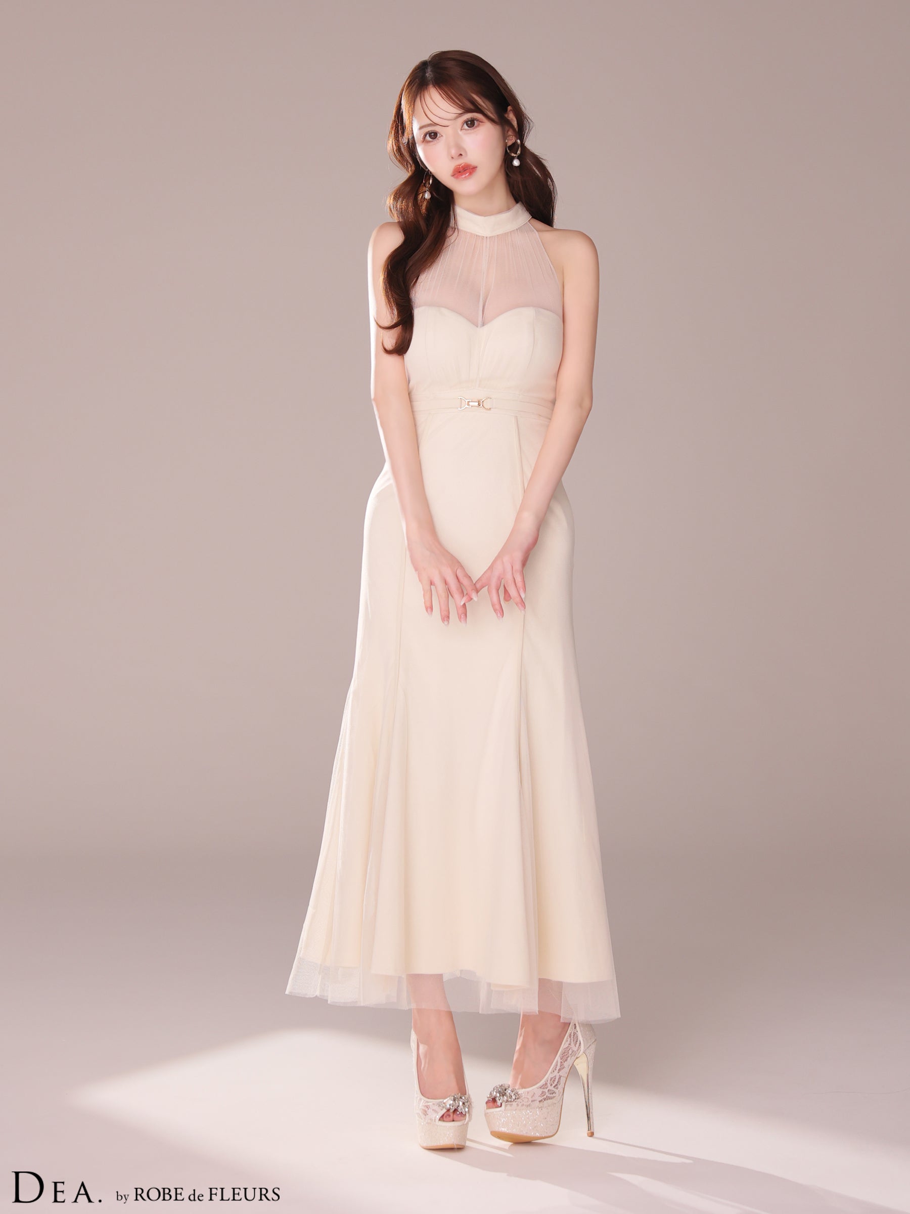 【XS～Lサイズあり】シースルーホルターネックチュールロングキャバドレス(DE3567)