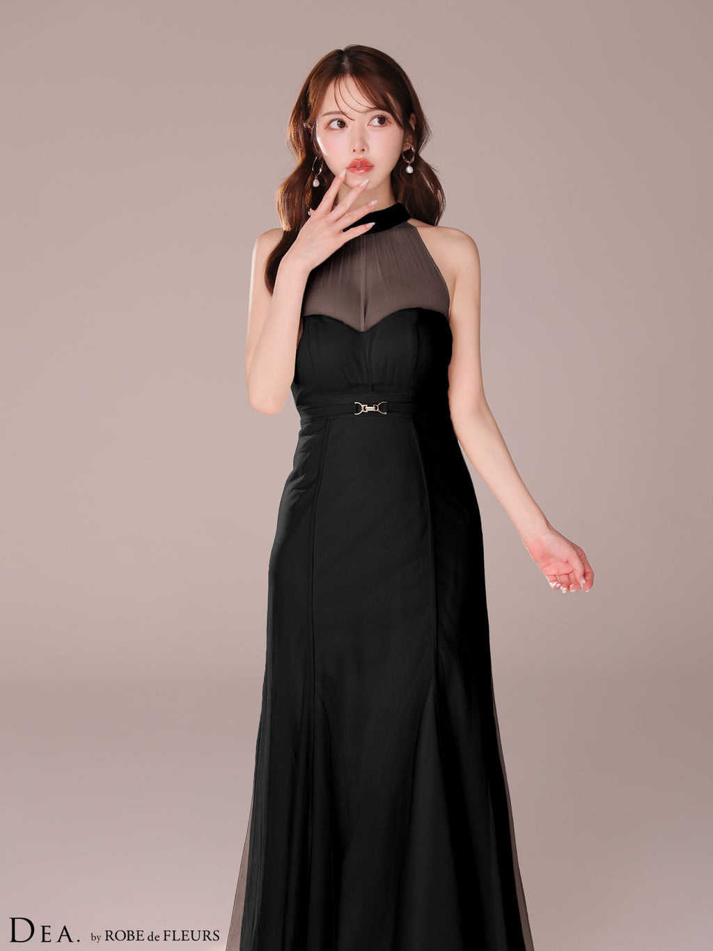 【XS～Lサイズあり】シースルーホルターネックチュールロングキャバドレス(DE3567)