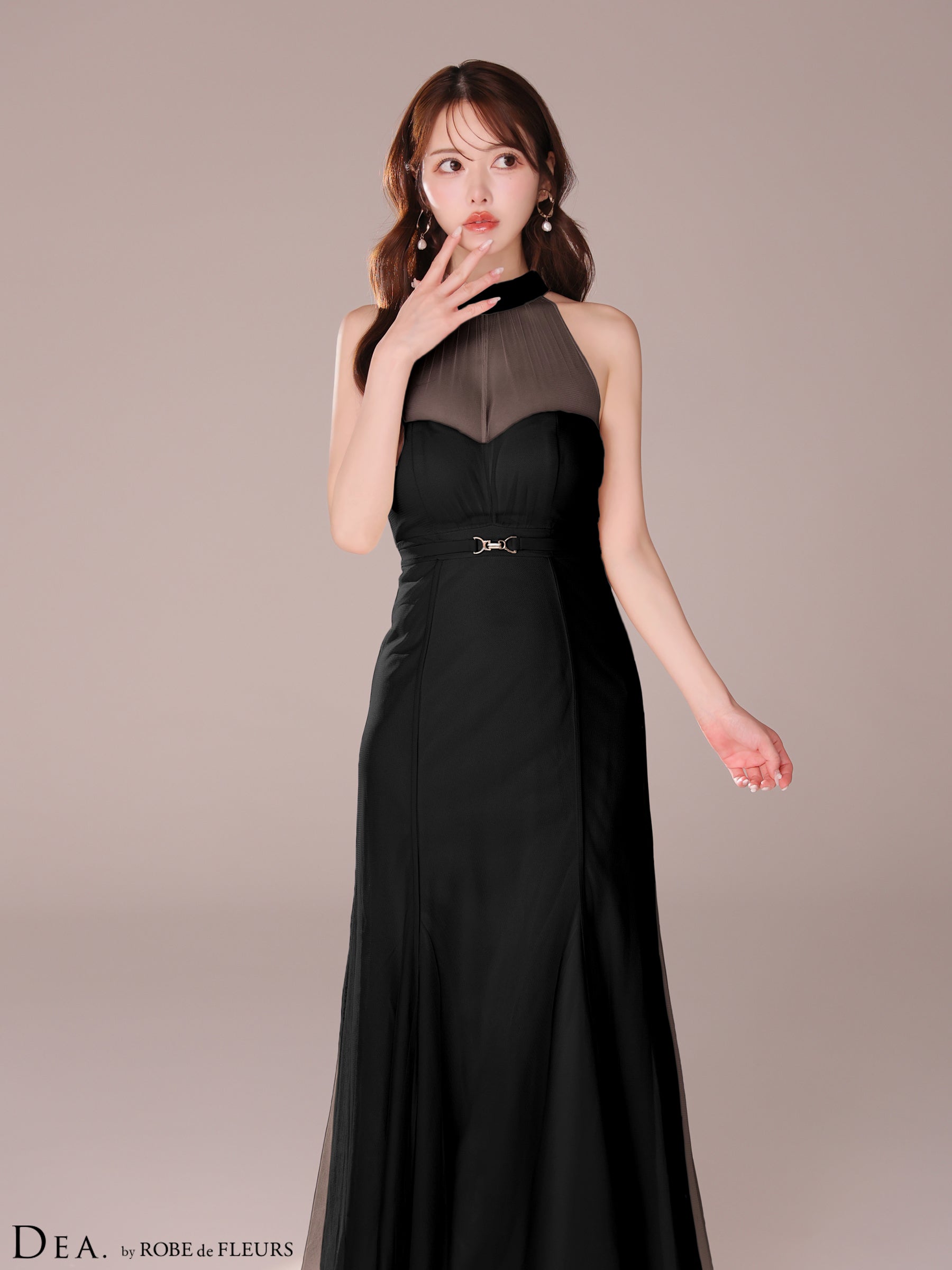【XS～Lサイズあり】シースルーホルターネックチュールロングキャバドレス(DE3567)