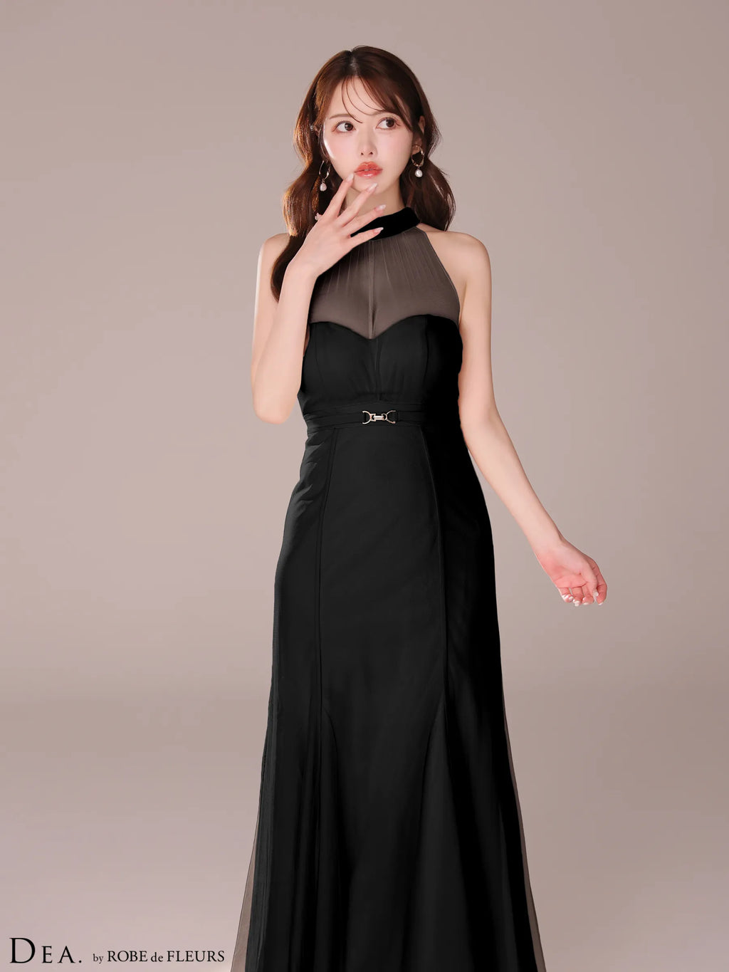 シースルーホルターネックチュールロングキャバドレス(DE3567)