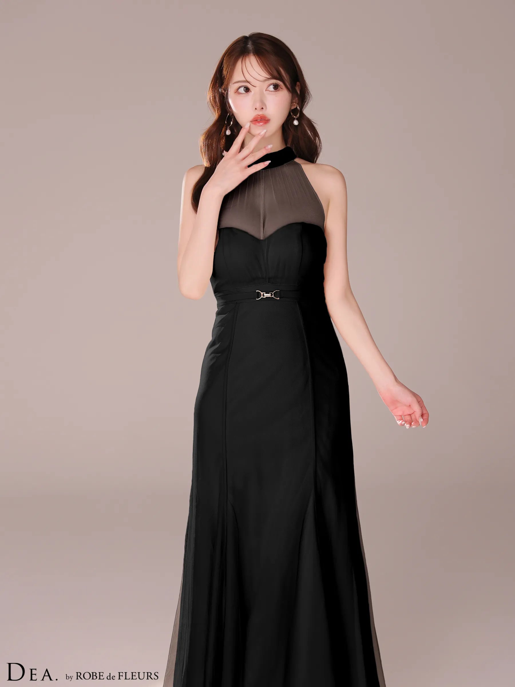 シースルーホルターネックチュールロングキャバドレス(DE3567)