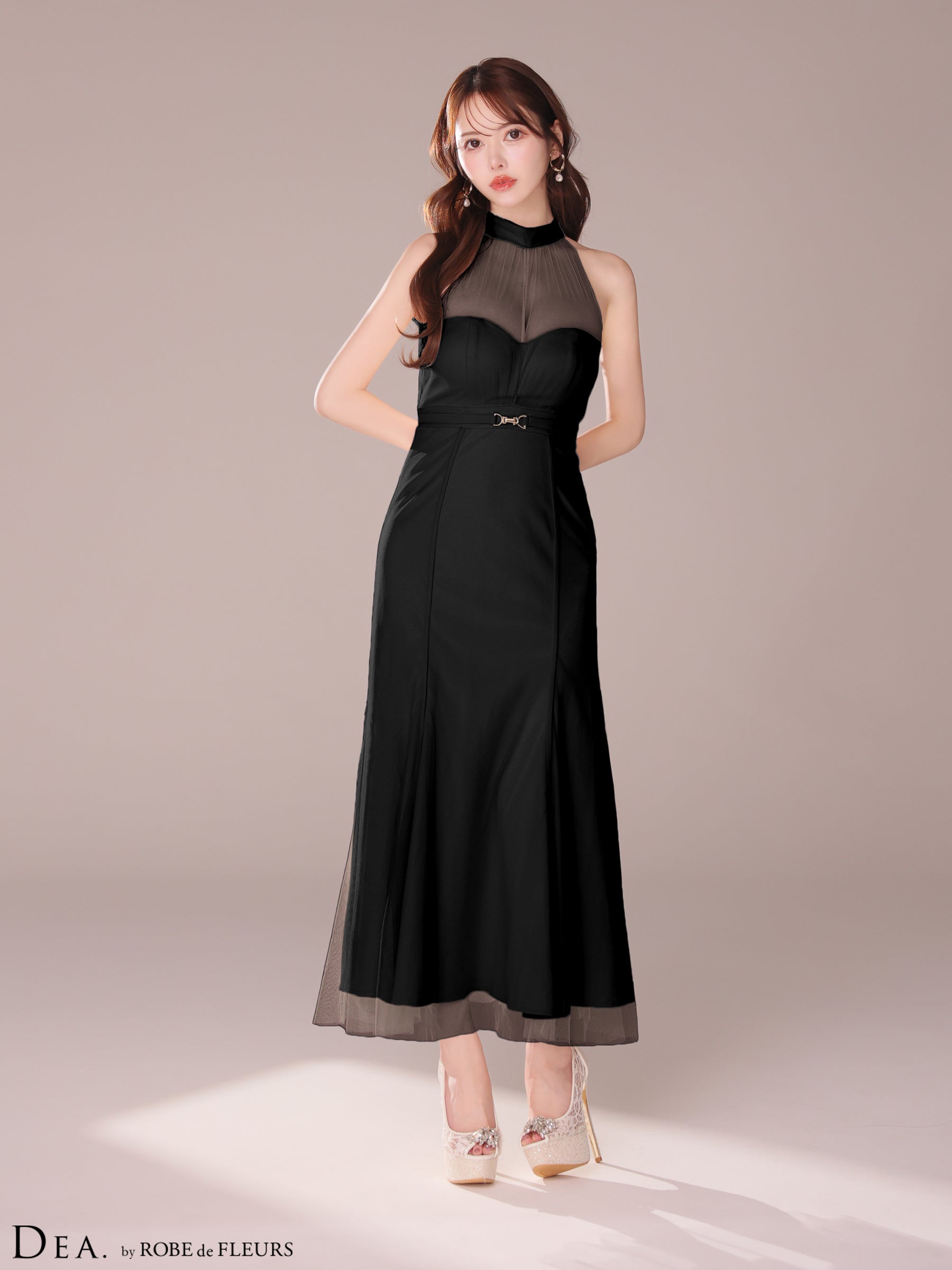 【XS～Lサイズあり】シースルーホルターネックチュールロングキャバドレス(DE3567)
