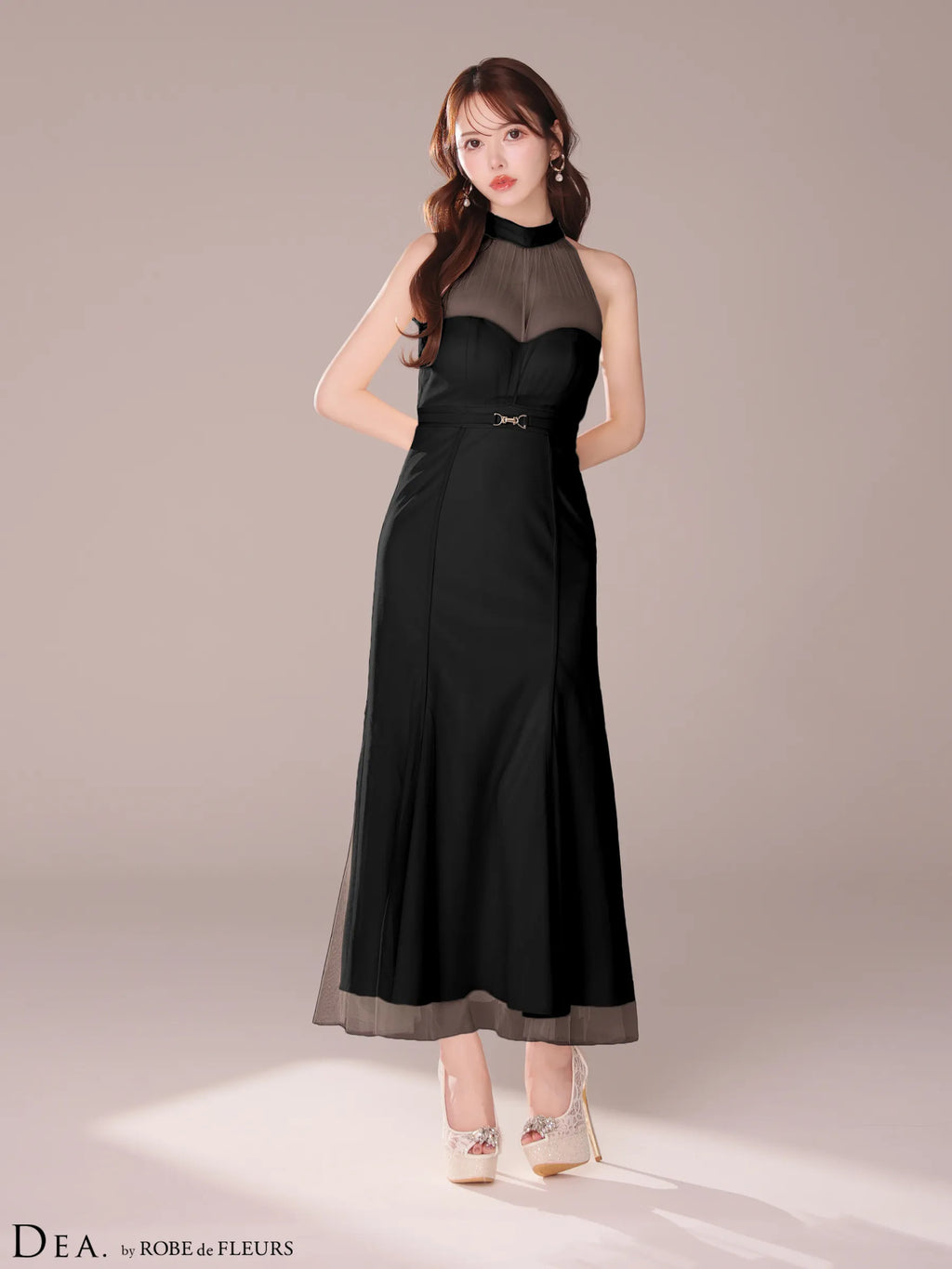 シースルーホルターネックチュールロングキャバドレス(DE3567)