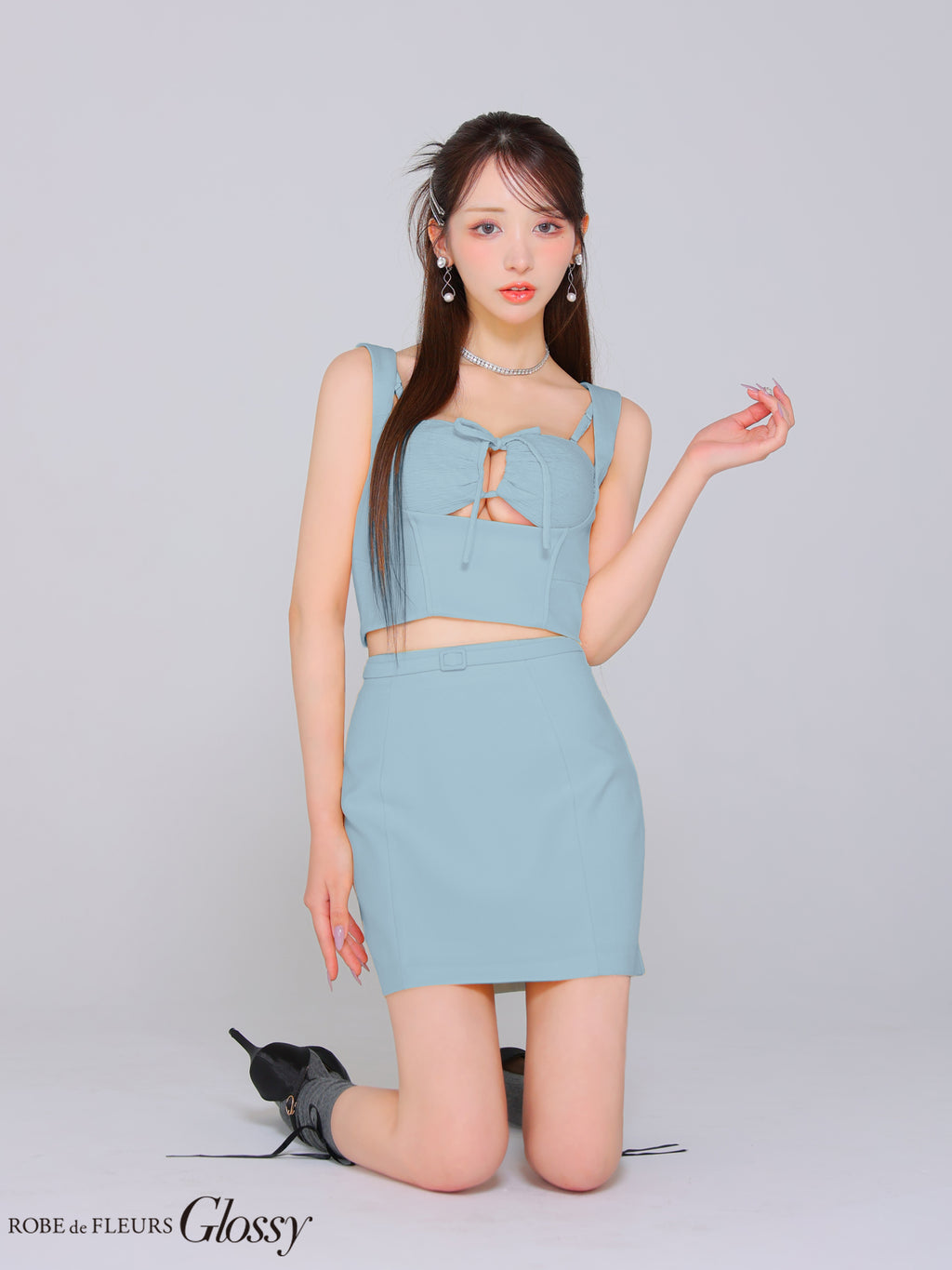 【XSサイズあり】バストリボンストレッチワッフルセットアップミニキャバドレス(GL3589)