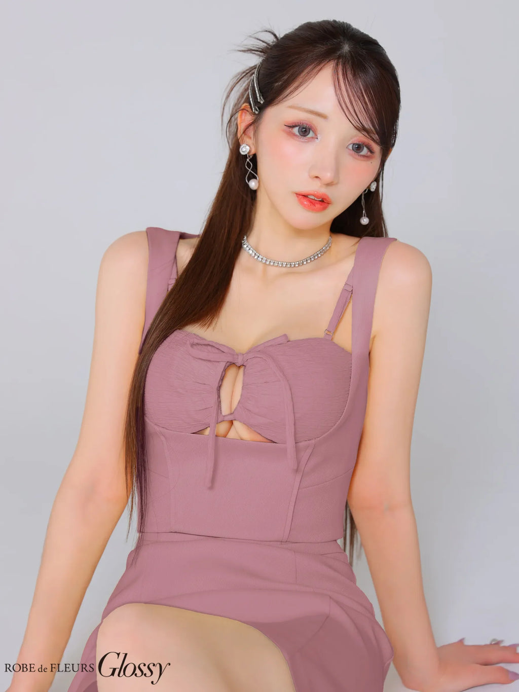 バストリボンストレッチワッフルセットアップミニキャバドレス(GL3589)