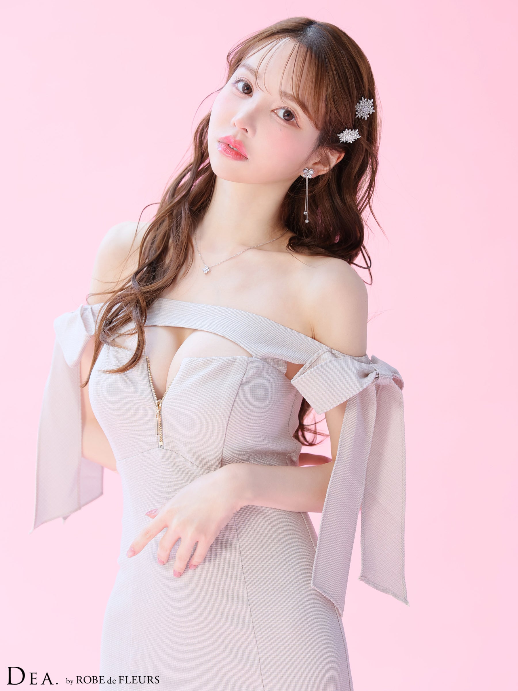 【Lサイズあり】オフショルリボンバストジップマーメイドロングキャバドレス(DE3596)