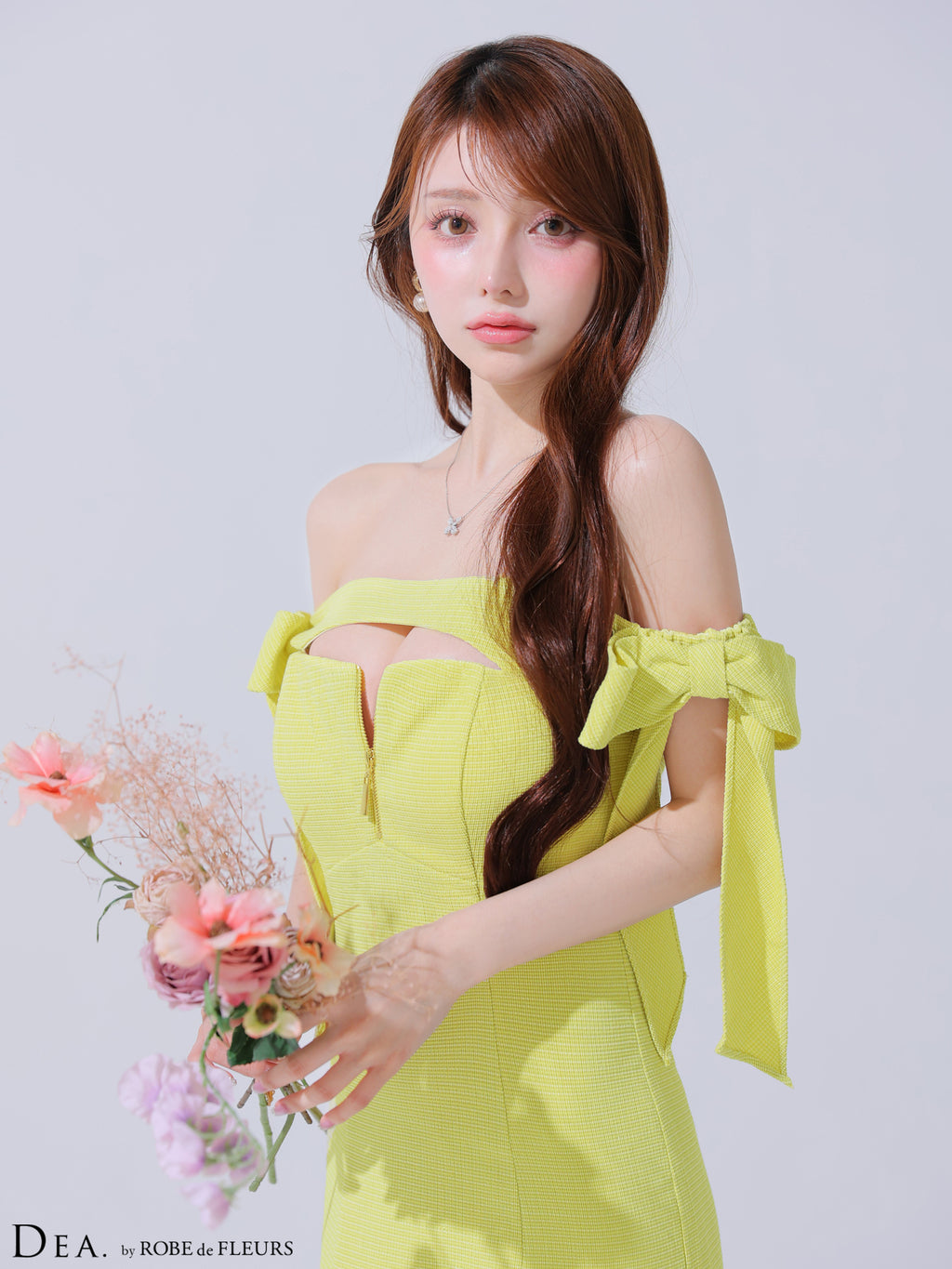 【Lサイズあり】オフショルリボンバストジップマーメイドロングキャバドレス(DE3596)