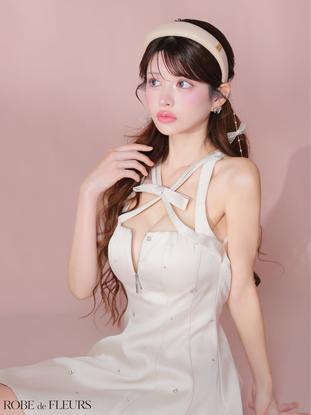 【XSサイズあり】サテンネックリボンバストジップフレアミニキャバドレス(fm3597)