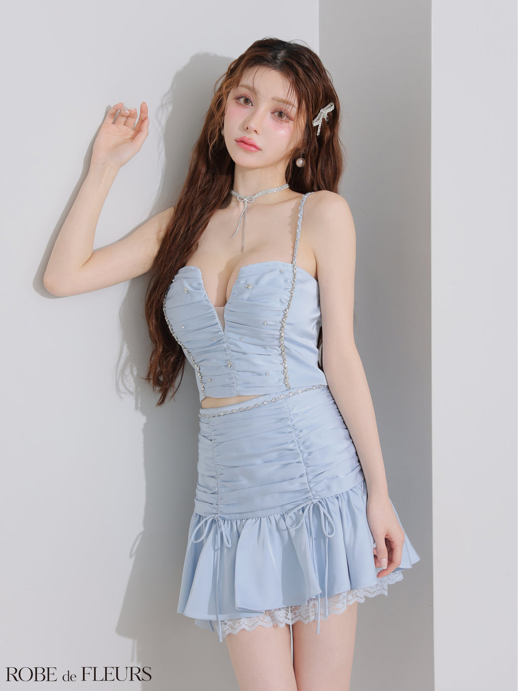 ★一部予約商品★【9月中旬頃入荷予定】【XSサイズあり】サテンビジューレースセットアップミニキャバドレス(fm3598)