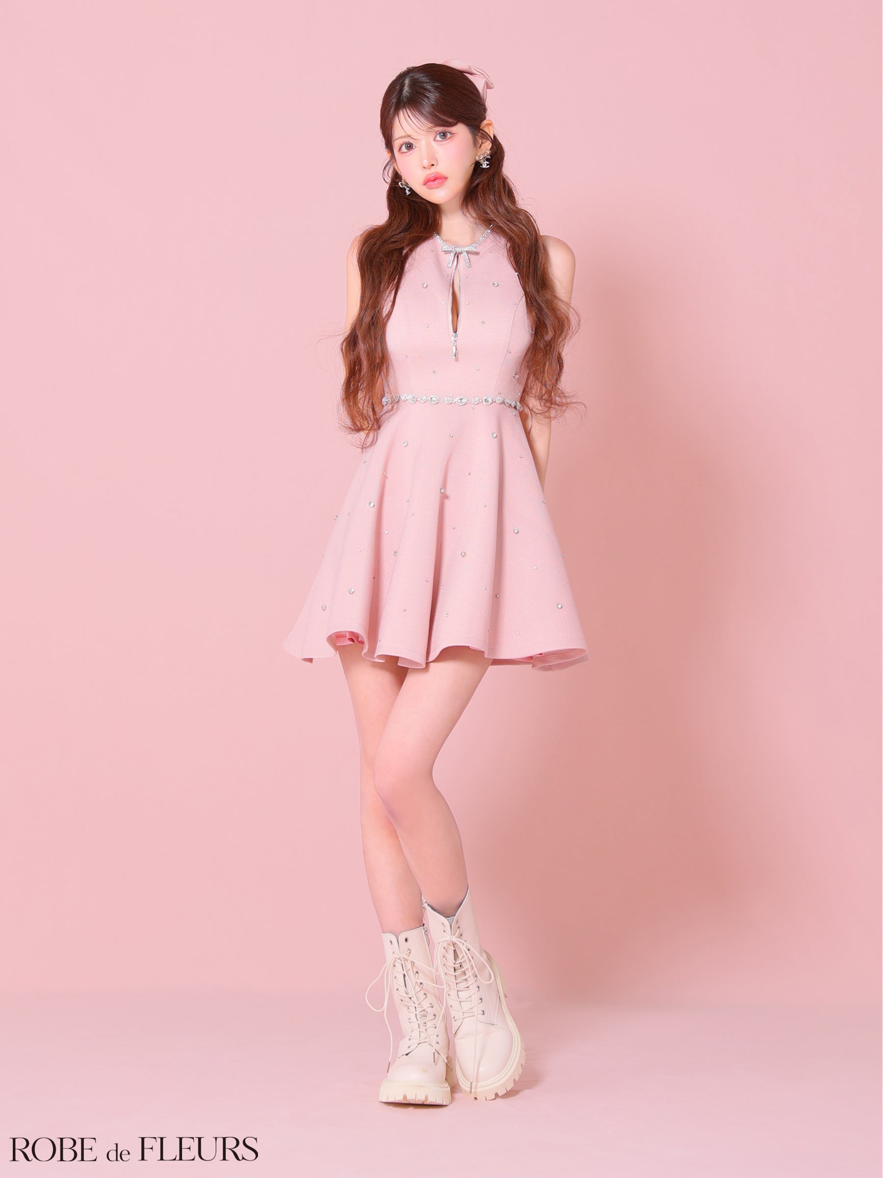 【XSサイズあり】リボンビジューバストカットフレアミニキャバドレス(fm3618)