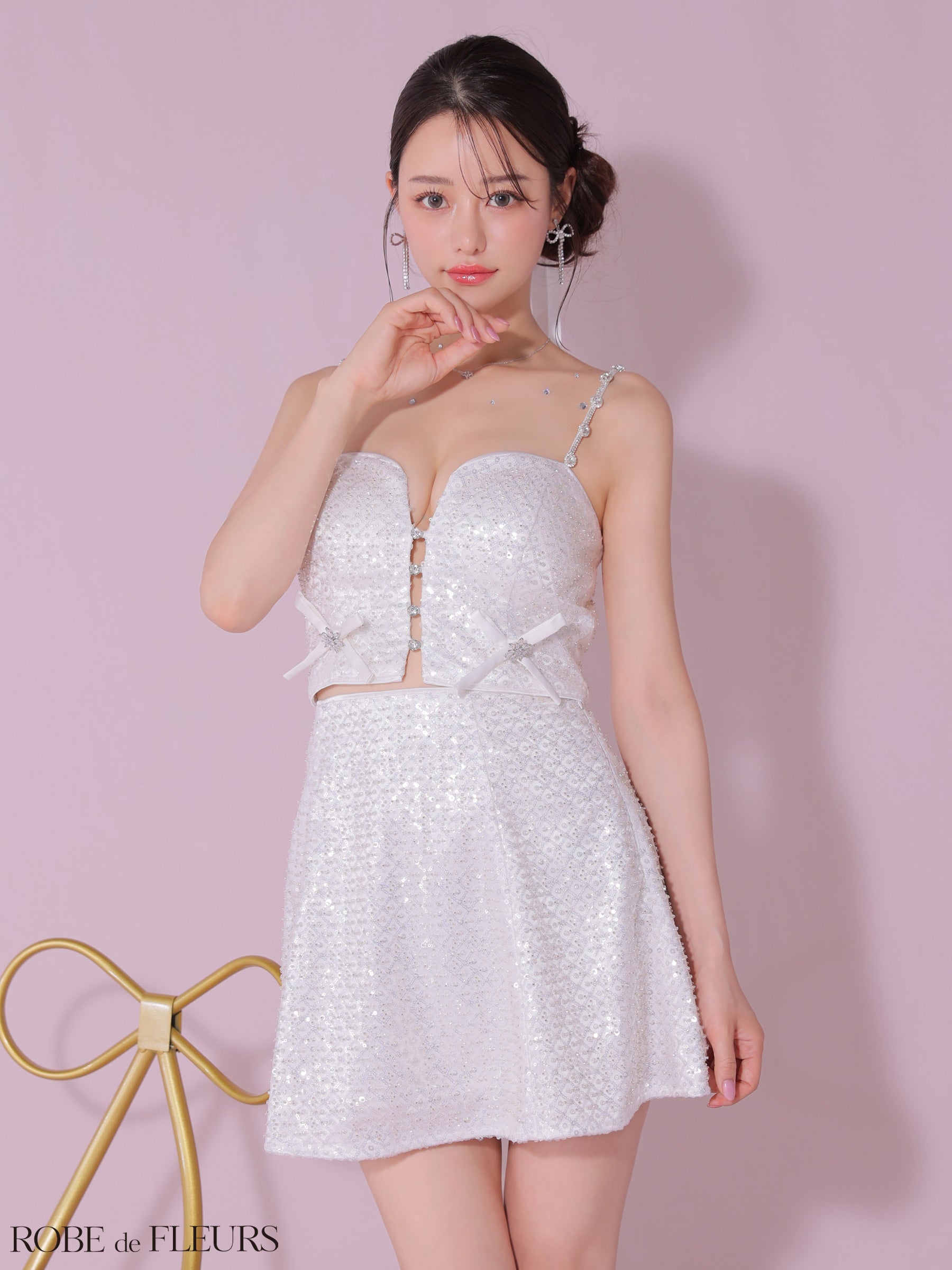 【XSサイズあり】sugarコラボカラーあり♥サイドミニリボンスパンコールグロウセットアップキャバドレス(fm3737)