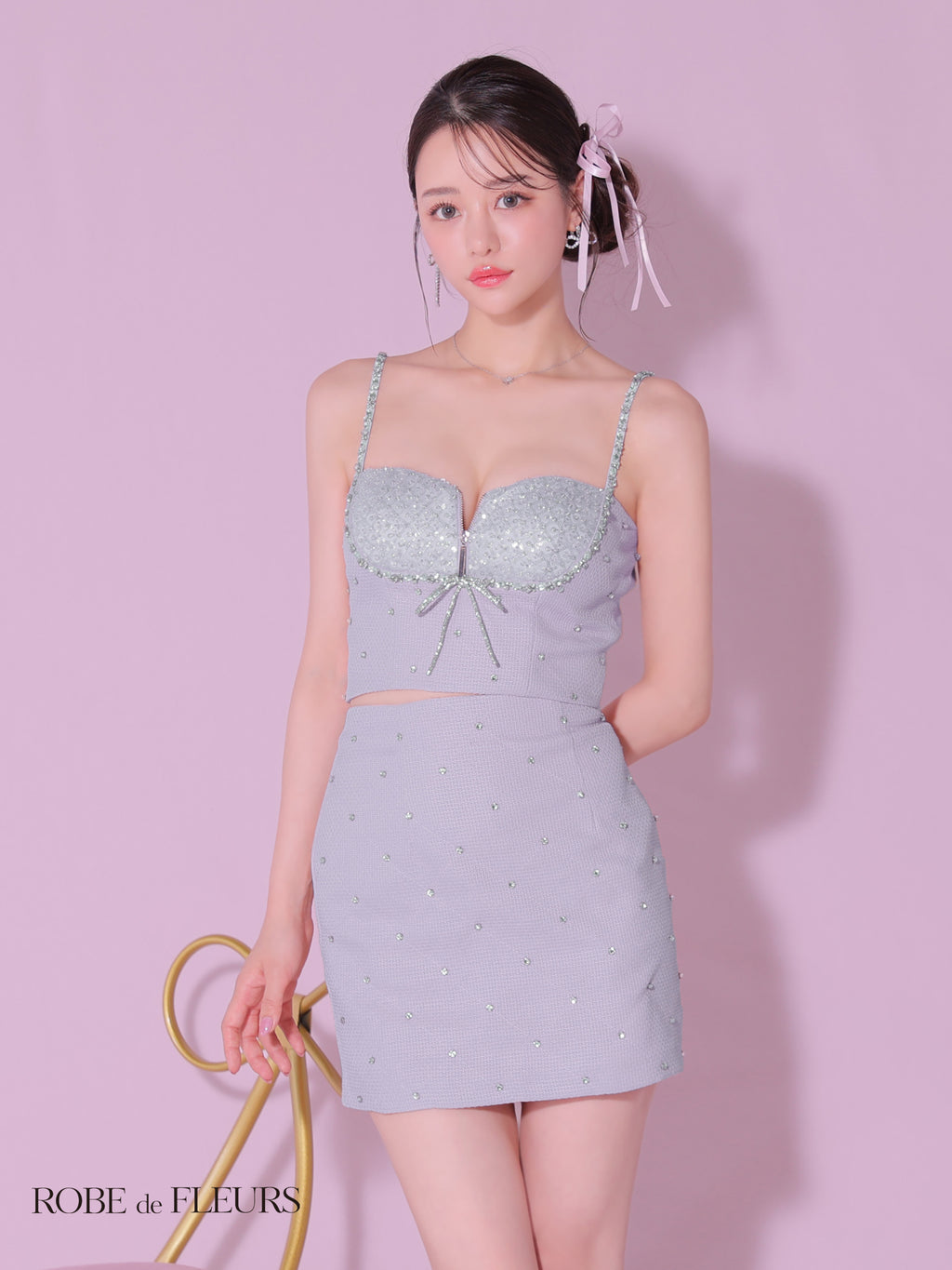 【XSサイズあり】sugarコラボカラーあり♥ビジューリボンラインスパークセットアップキャバドレス(fm3738)