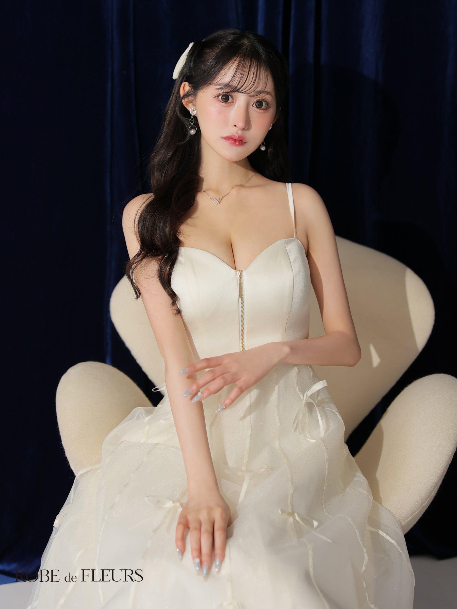 【Lサイズあり】センタージップフレアリボンチュールミディキャバドレス(fm3739)
