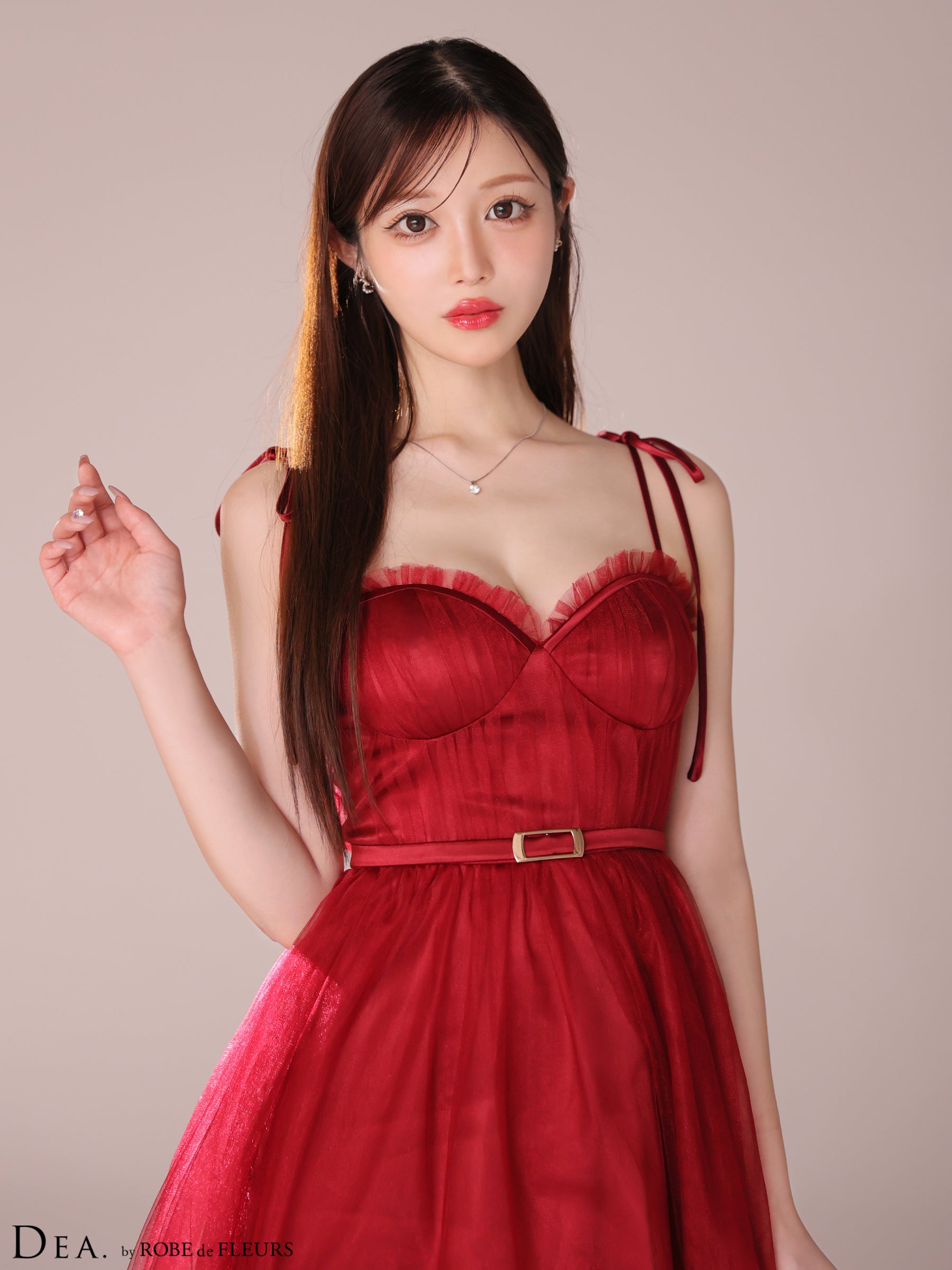 ショルダーリボンフレアチュールロングキャバドレス(DE3745)