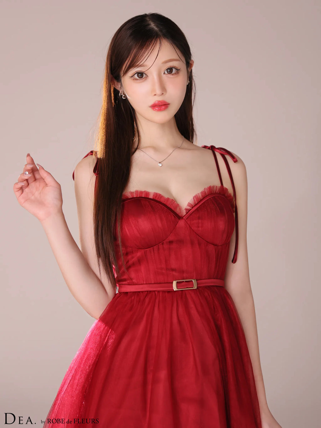 ショルダーリボンフレアチュールロングキャバドレス(DE3745)