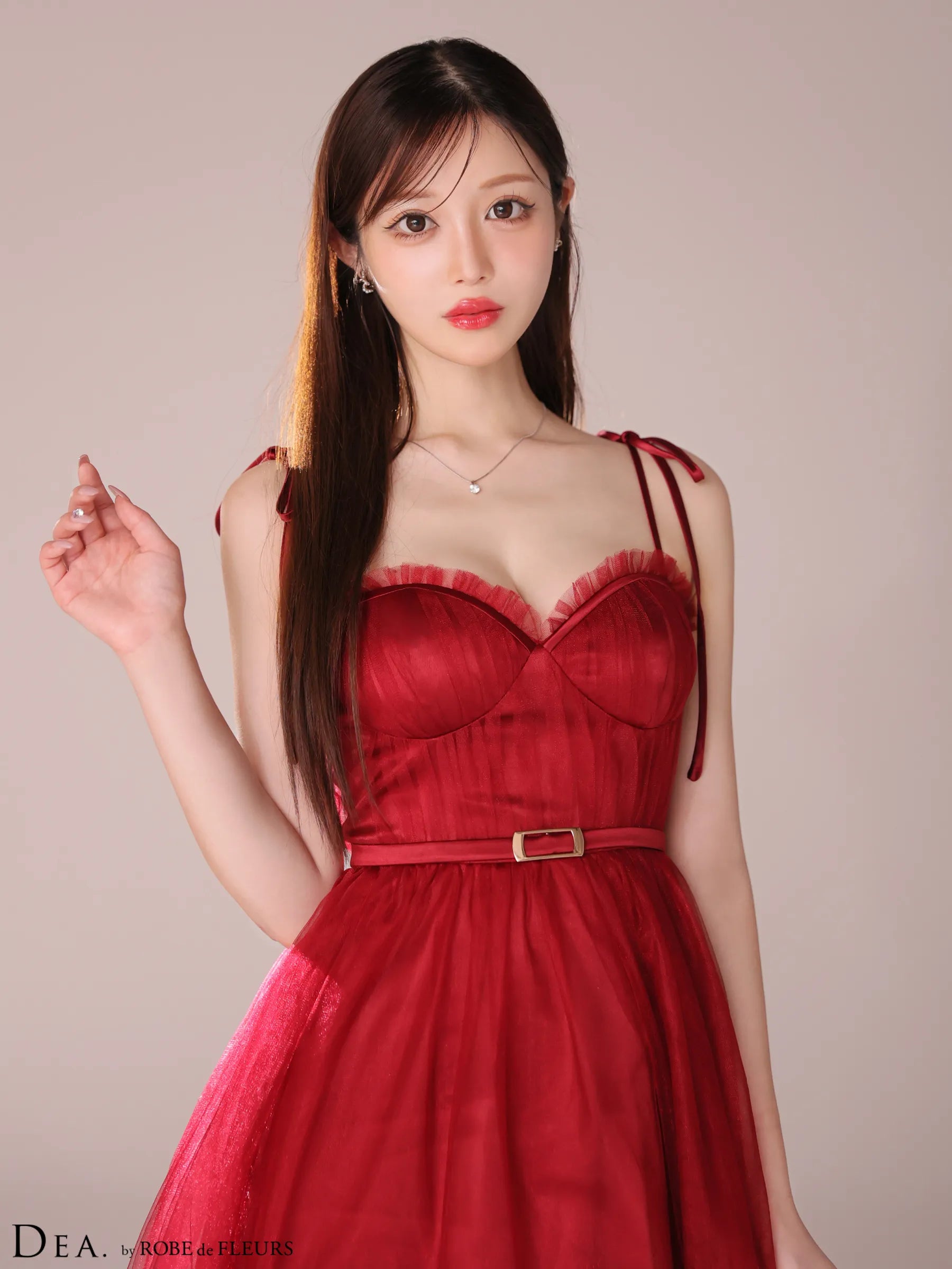 ショルダーリボンフレアチュールロングキャバドレス(DE3745)