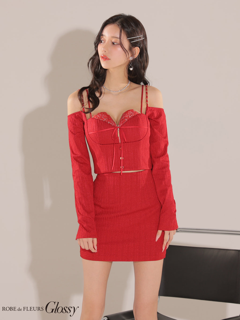 【XSサイズあり】長袖×オフショル紐リボンレースデザインセットアップミニキャバドレス(GL3748)