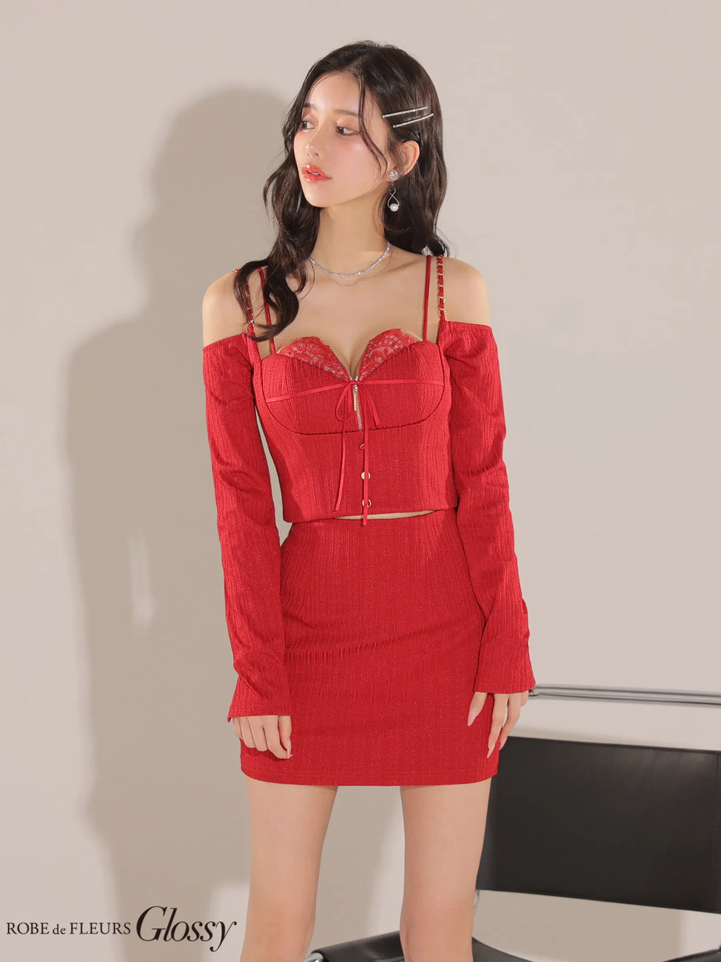 長袖×オフショル紐リボンレースデザインセットアップミニキャバドレス(GL3748)