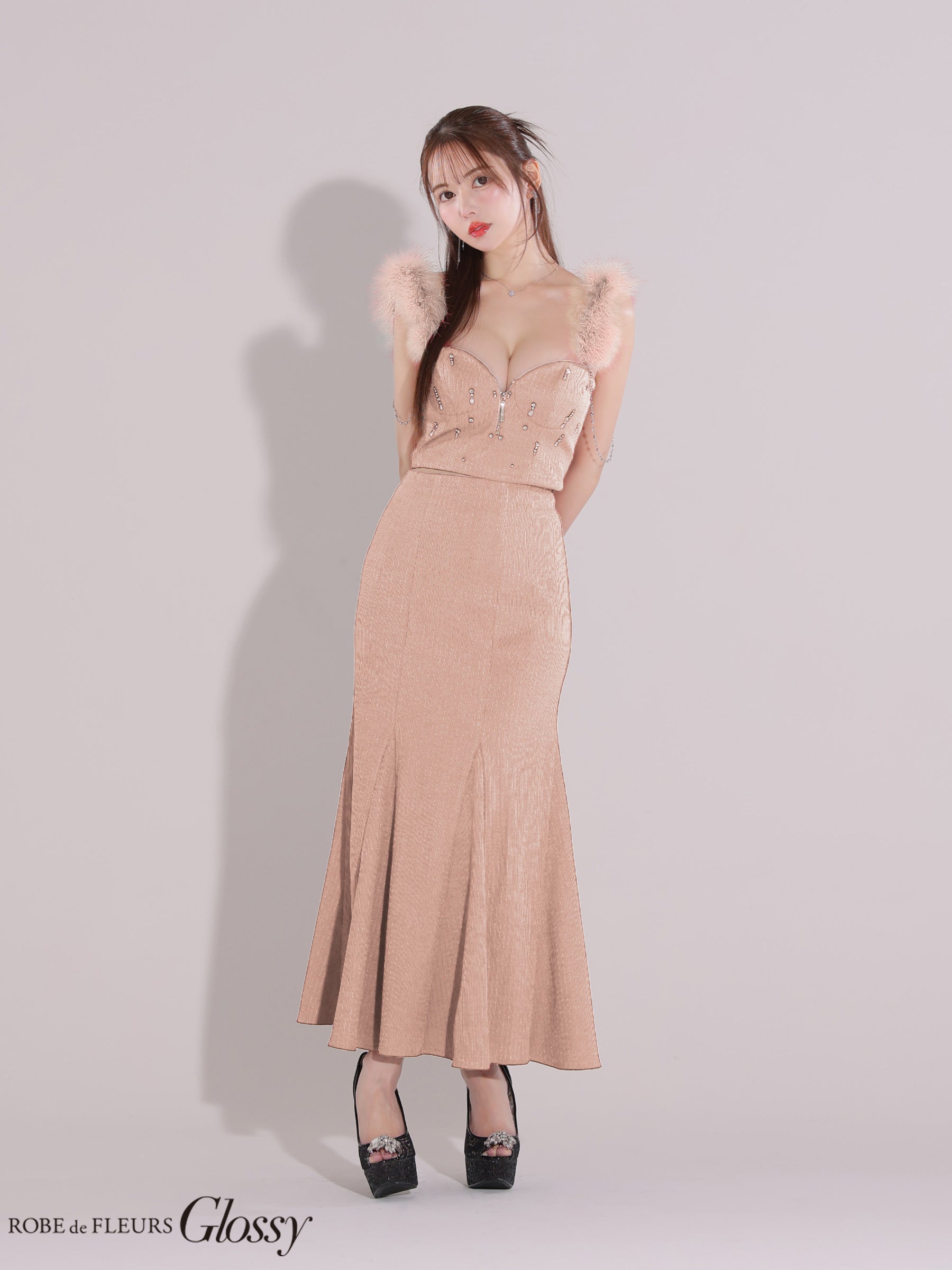 【XS～Lサイズあり】フェザーショルダービジューリブロングキャバドレス(GL3749)