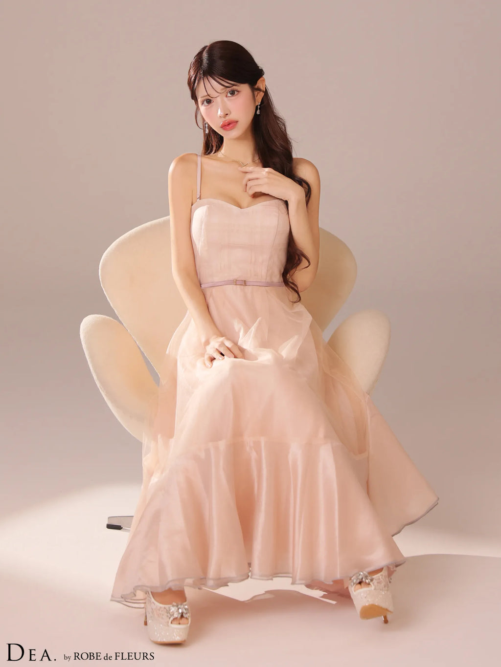 シフォンキャミベルトデザインフレアロングキャバドレス(DE3752)