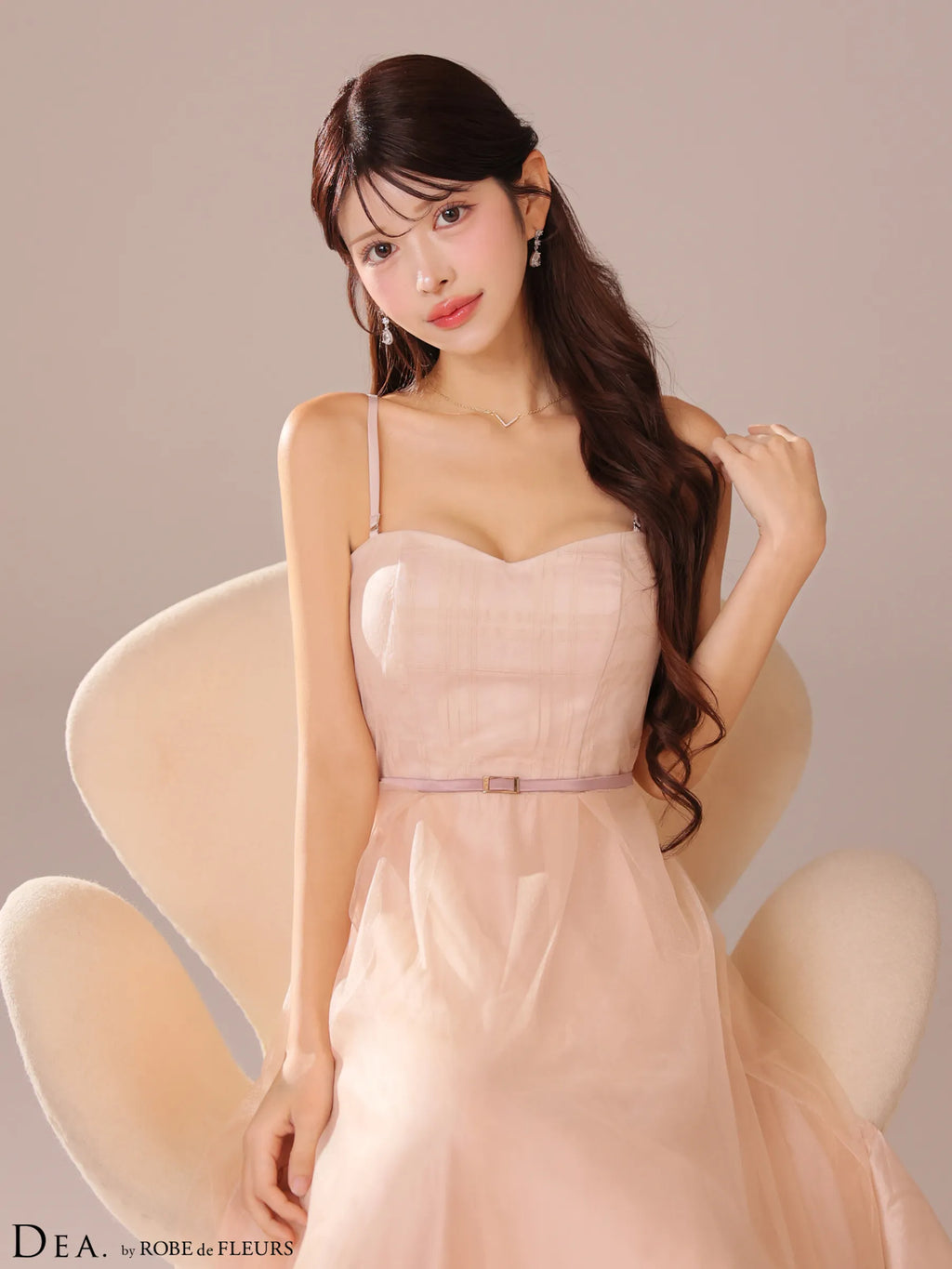 シフォンキャミベルトデザインフレアロングキャバドレス(DE3752)