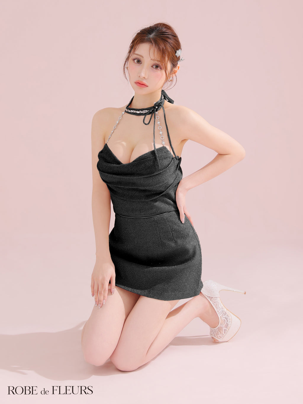 ★一部予約商品★【7月上旬頃入荷予定】【XSサイズあり】ラメニットリボンホルターセットアップタイトミニキャバドレス(fm3772)