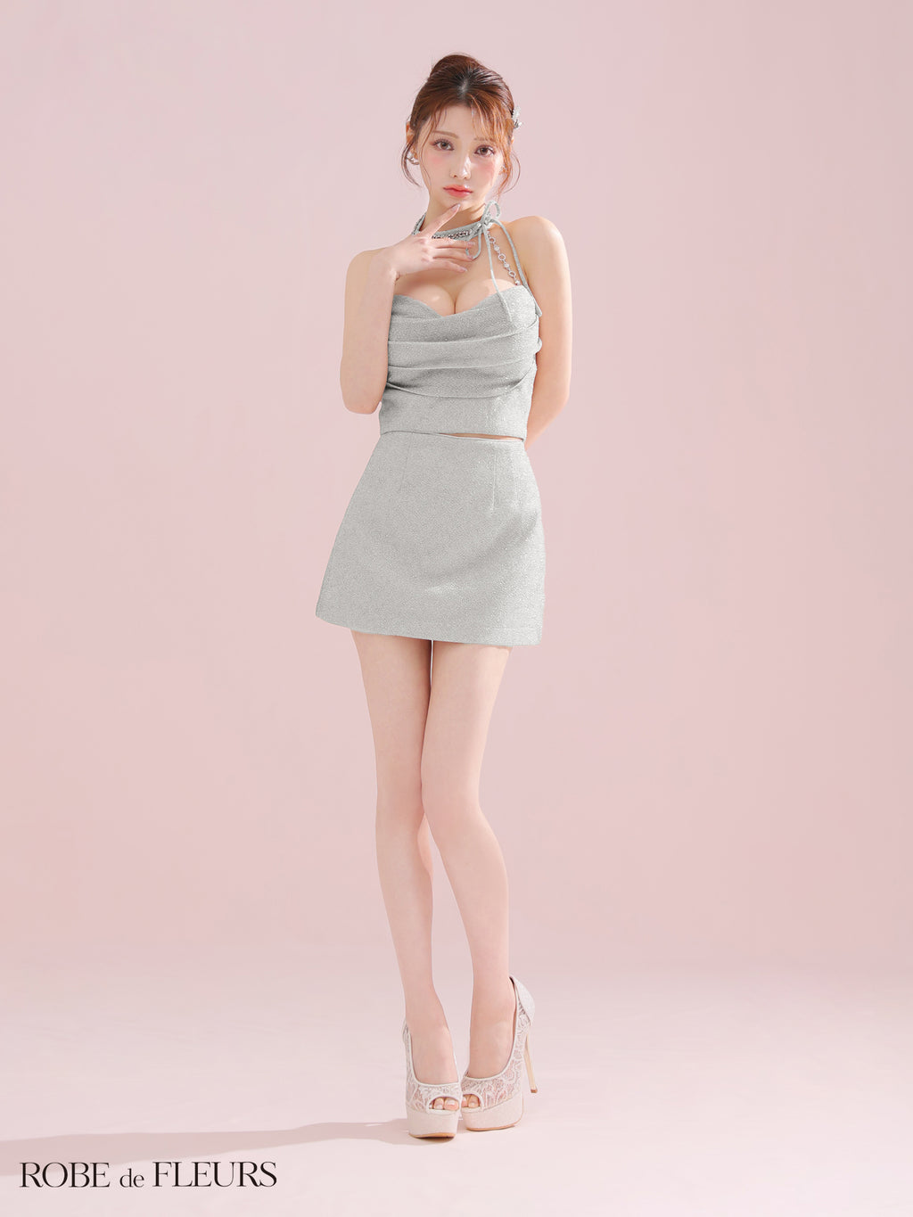 ★一部予約商品★【7月上旬頃入荷予定】【XSサイズあり】ラメニットリボンホルターセットアップタイトミニキャバドレス(fm3772)