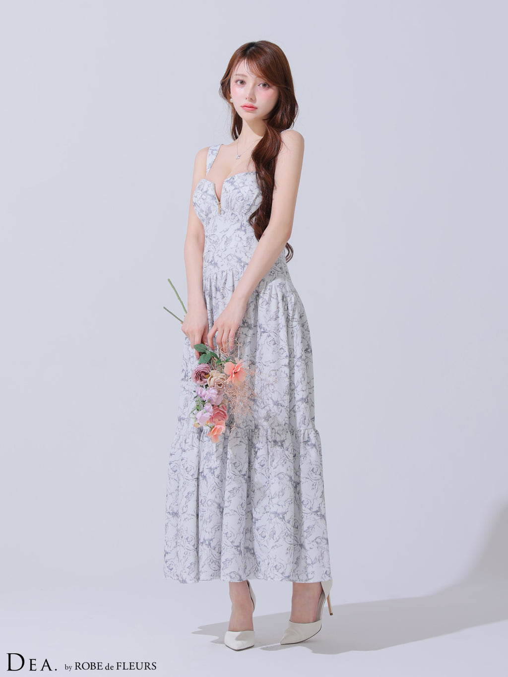【Lサイズあり】花柄バストジップフレアロングキャバドレス(DE3778)