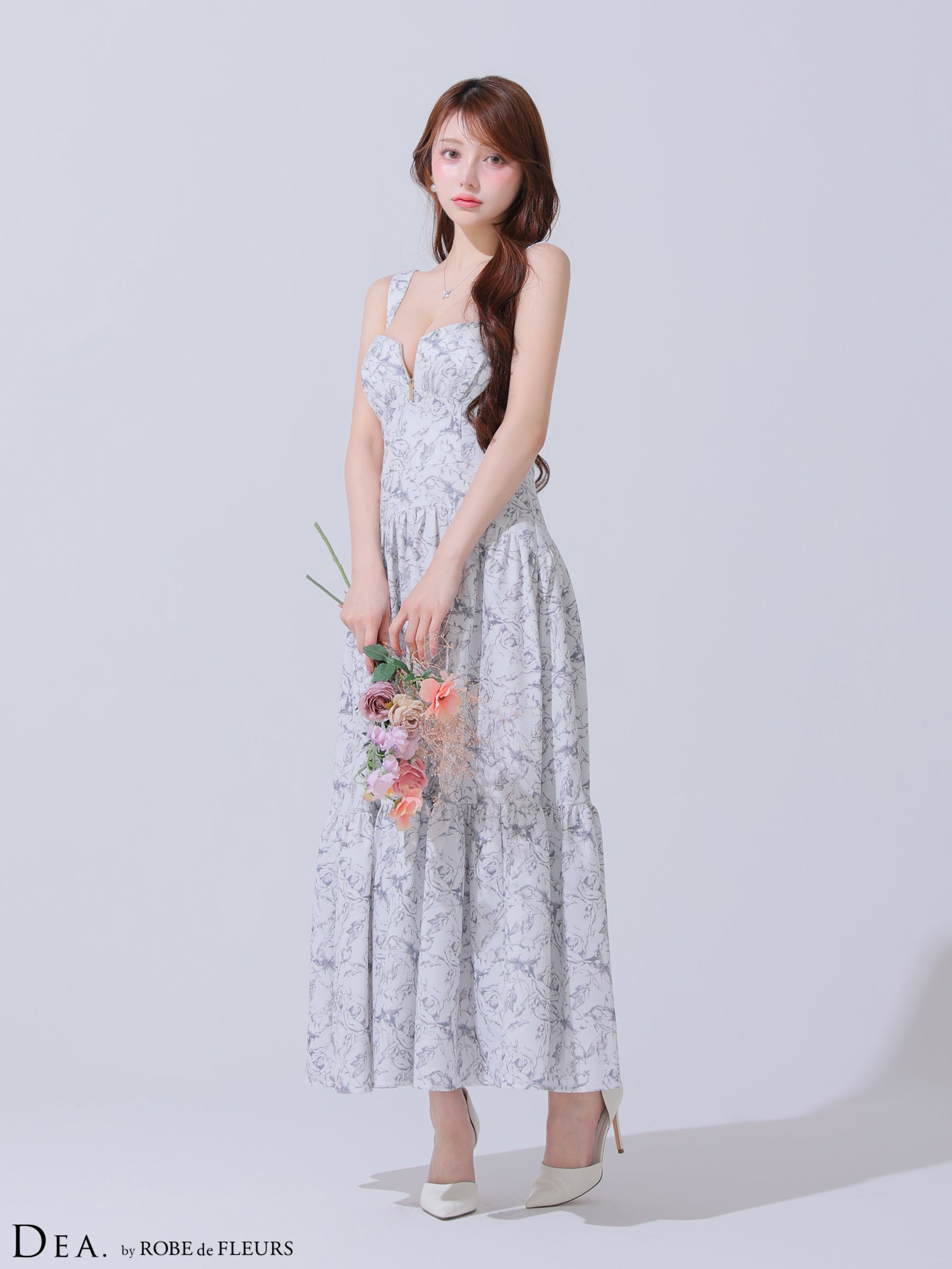 【Lサイズあり】花柄バストジップフレアロングキャバドレス(DE3778)