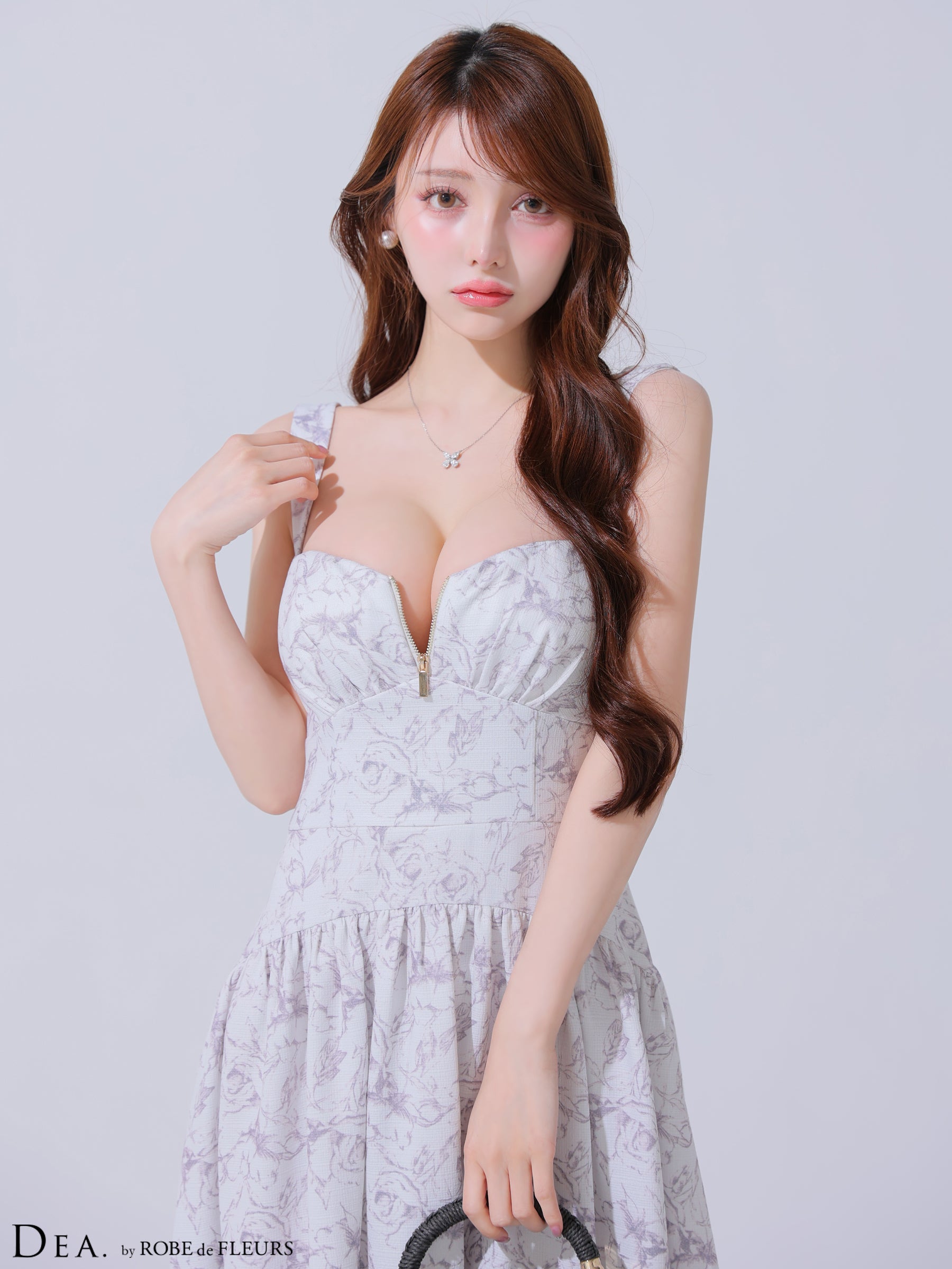 【Lサイズあり】花柄バストジップフレアロングキャバドレス(DE3778)